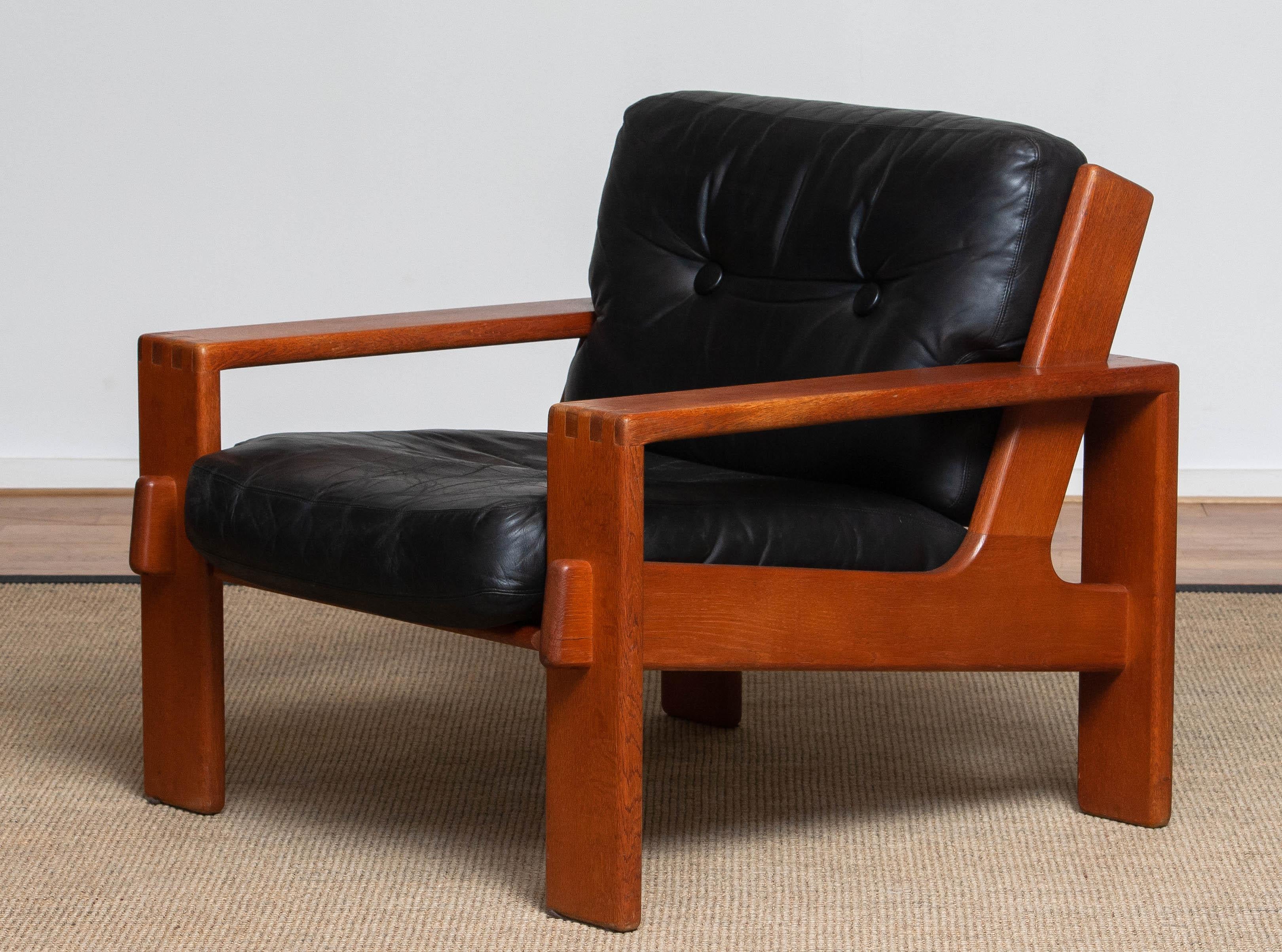 Mid-20th Century 1960 Pair Teak and Black Leather Cubist Lounge Chair by Esko Pajamies for Asko