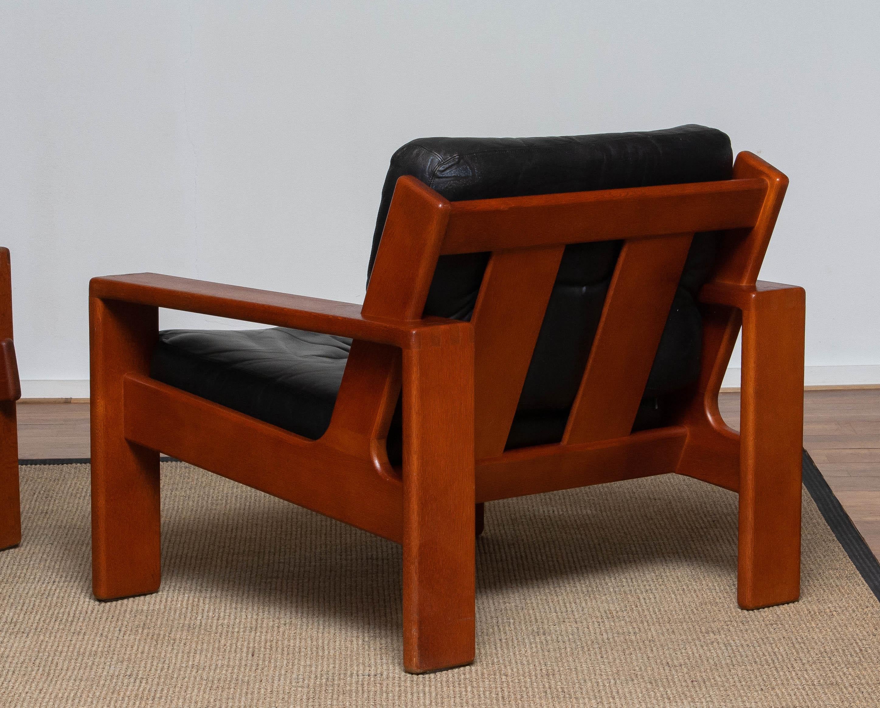 1960 Pair Teak and Black Leather Cubist Lounge Chair by Esko Pajamies for Asko 1