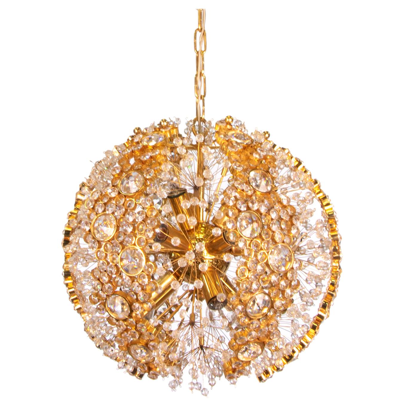 Palwa 18" Sunburst Ball Chandelier Crystal & Gold-Plated Brass, Germany 1960s