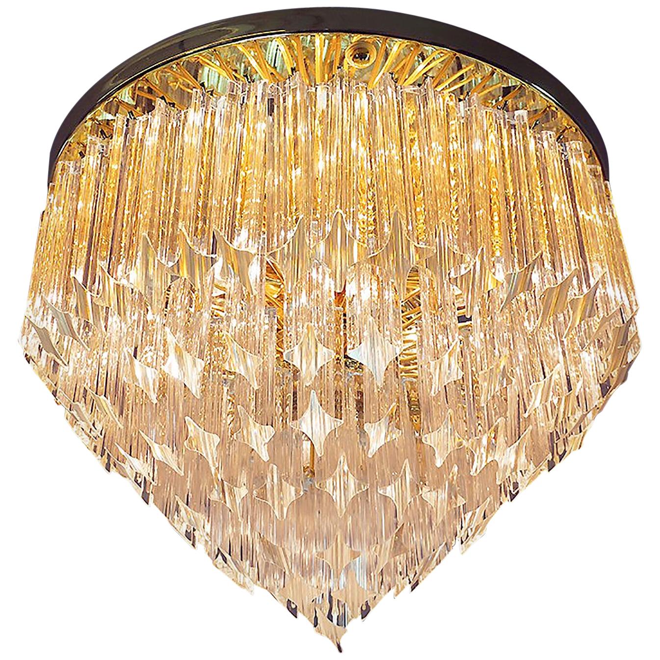 Glamorous 20" Novaresi Flush Mount Chandelier Crystals & Gilt-Brass, Italy 1970s For Sale