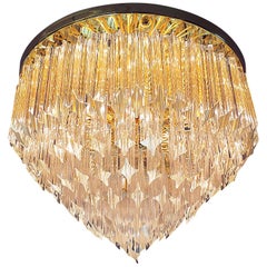 Glamorous 20" Novaresi Flush Mount Chandelier Crystals & Gilt-Brass, Italy 1970s