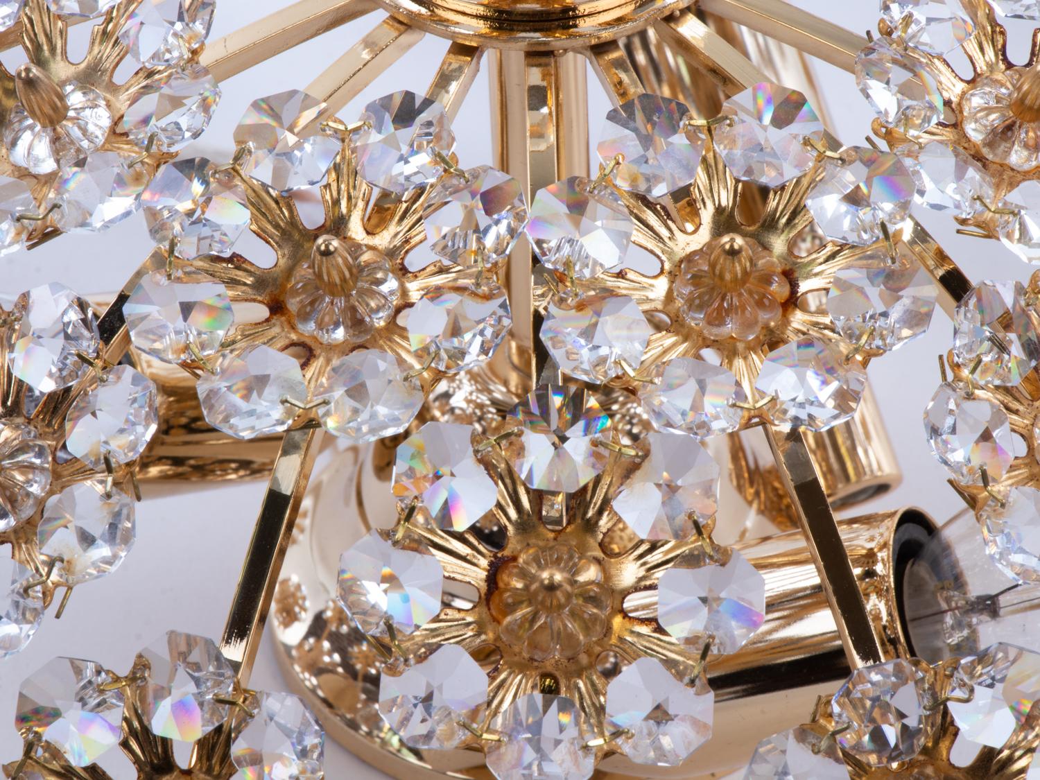 German 1960 Palwa Glamorous Jewel Flush Mount Swarovski Crystal & Gilt-Brass Chandelier