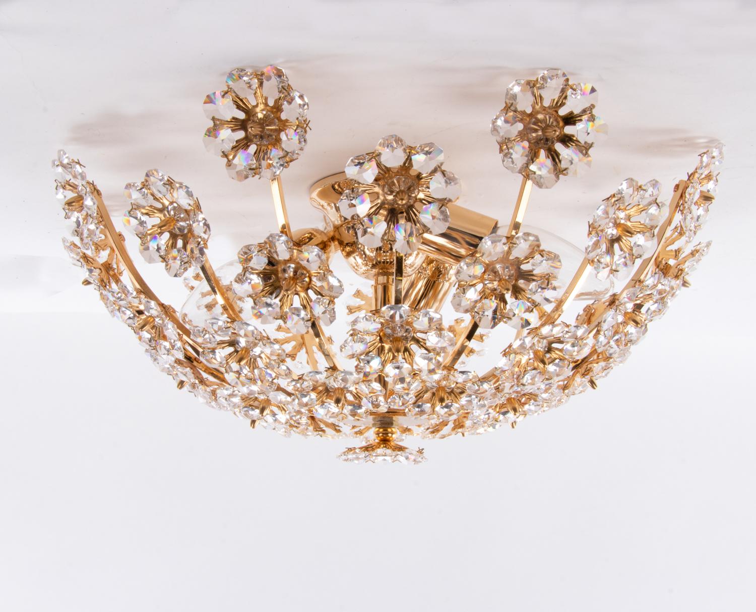 1960 Palwa Glamorous Jewel Flush Mount Swarovski Crystal & Gilt-Brass Chandelier In Good Condition In Niederdorfelden, Hessen