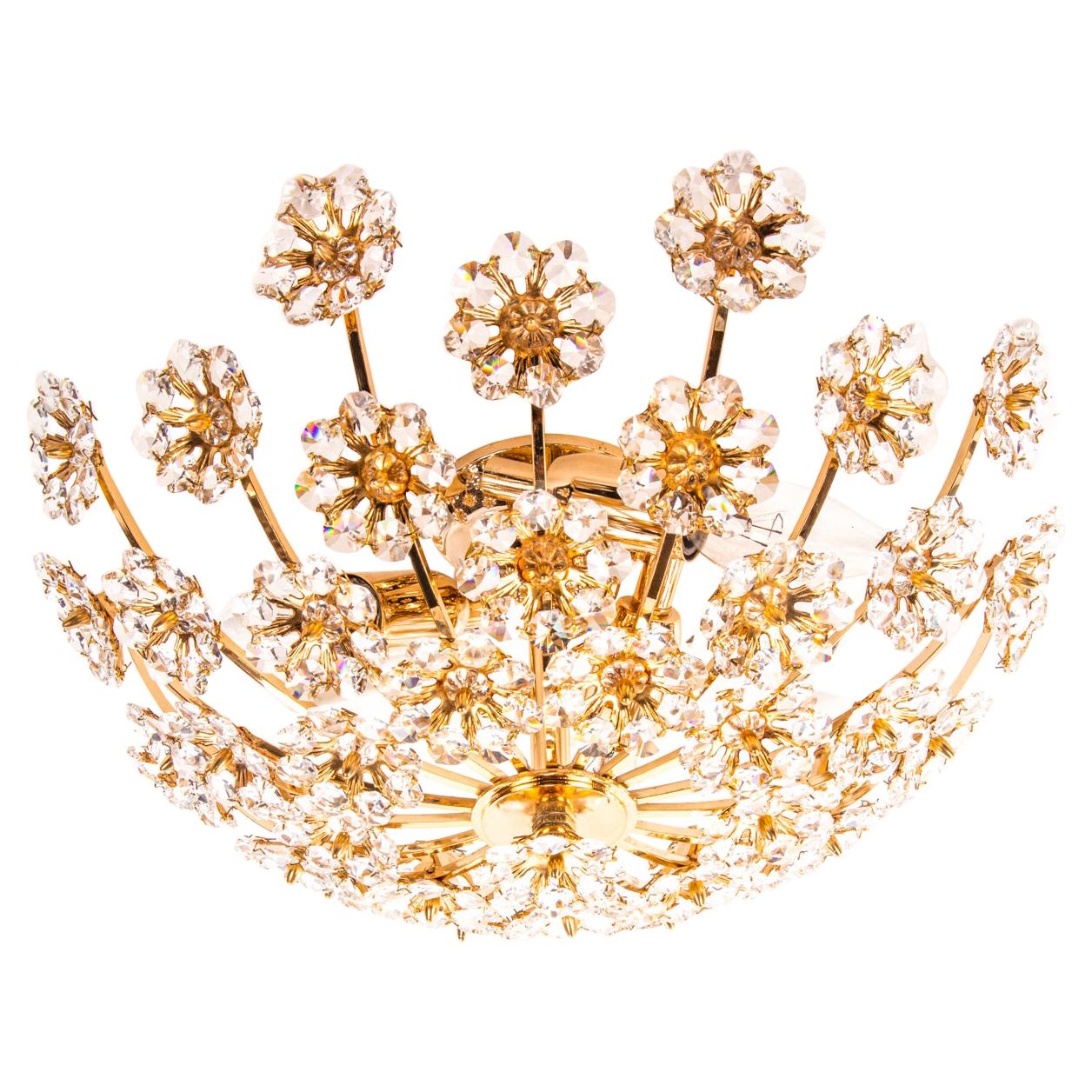 1960 Palwa Glamorous Jewel Flush Mount Swarovski Crystal & Gilt-Brass Chandelier