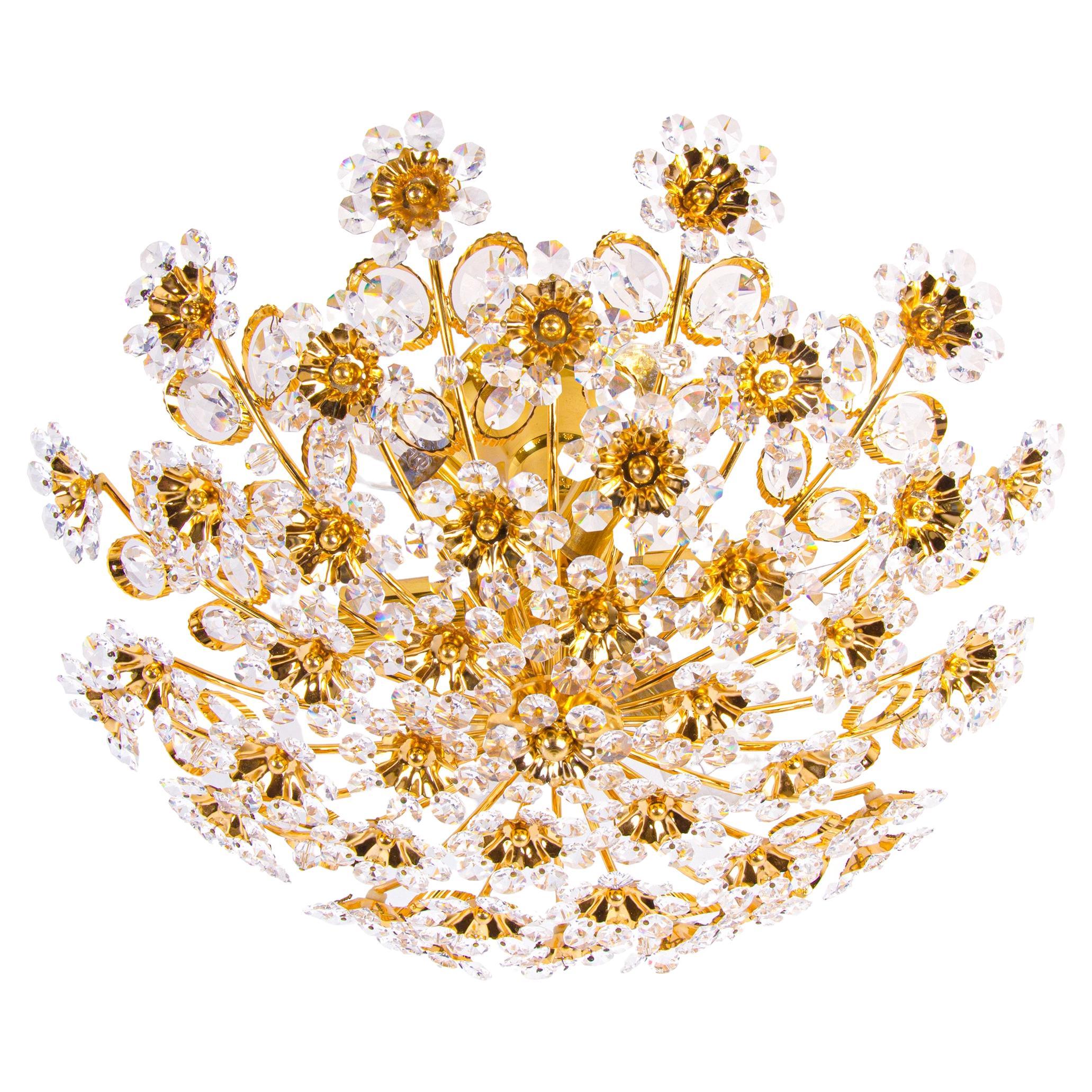 Glamorous Palwa 17" Semi Flush Mount Chandelier Swarovski Crystal & Gilt-Brass For Sale