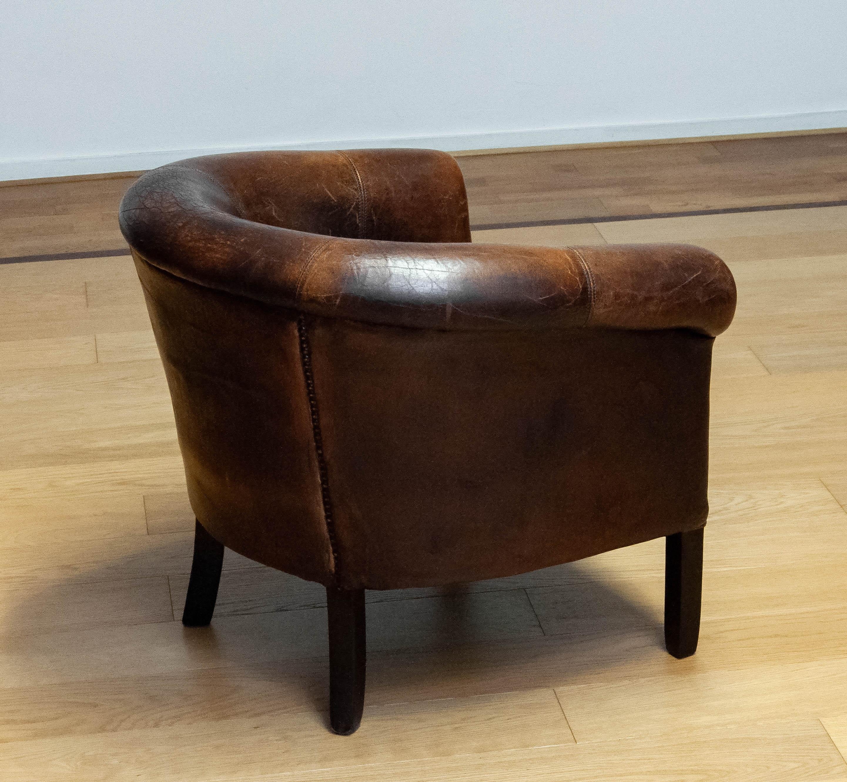 1960 Patinated Dark Brown Dutch Colonial Sheepskin Upholstered Lounge Club Chair For Sale 6