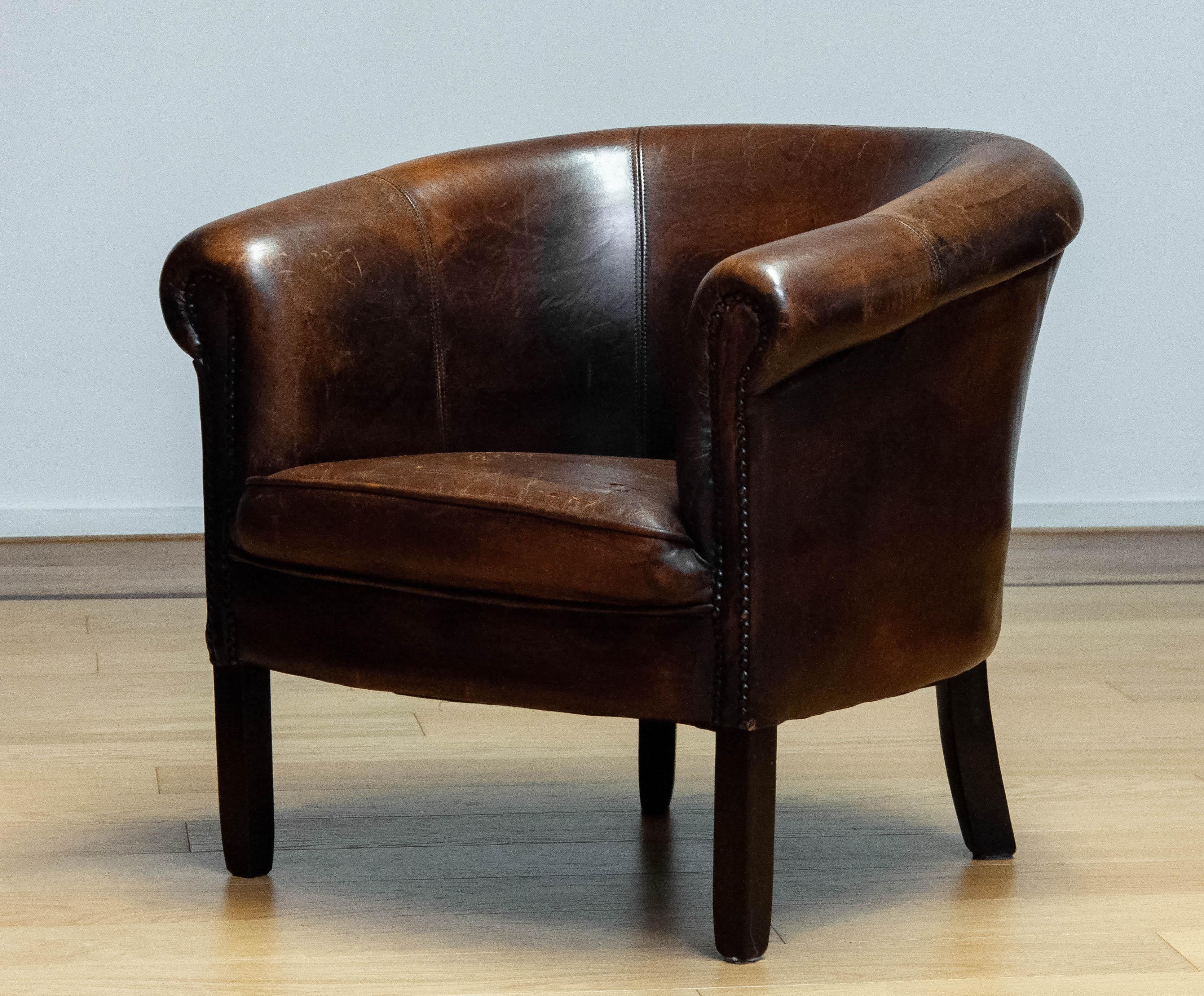 1960 Patinated Dark Brown Dutch Colonial Sheepskin Upholstered Lounge Club Chair For Sale 1