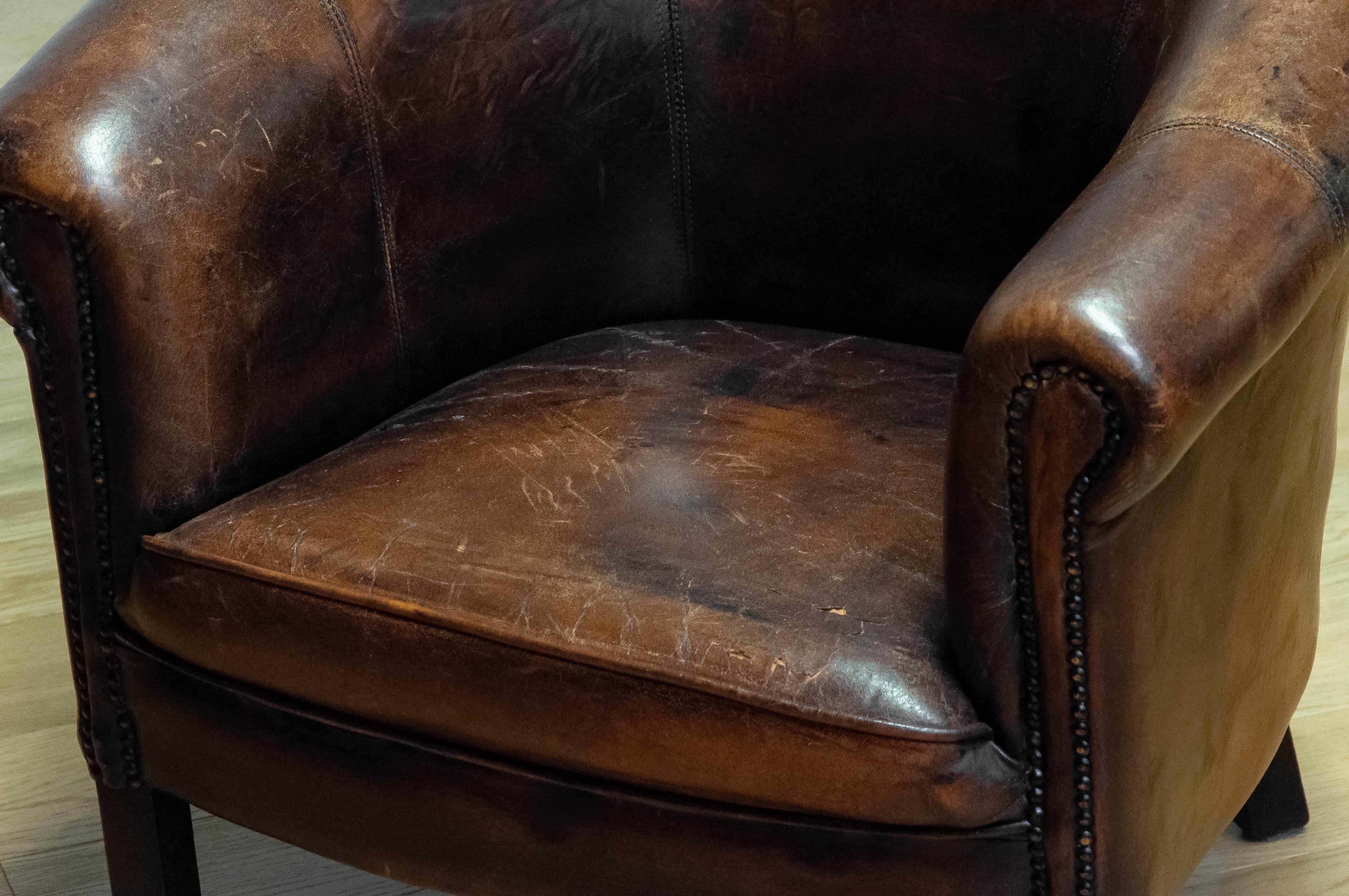 1960 Patinated Dark Brown Dutch Colonial Sheepskin Upholstered Lounge Club Chair For Sale 2