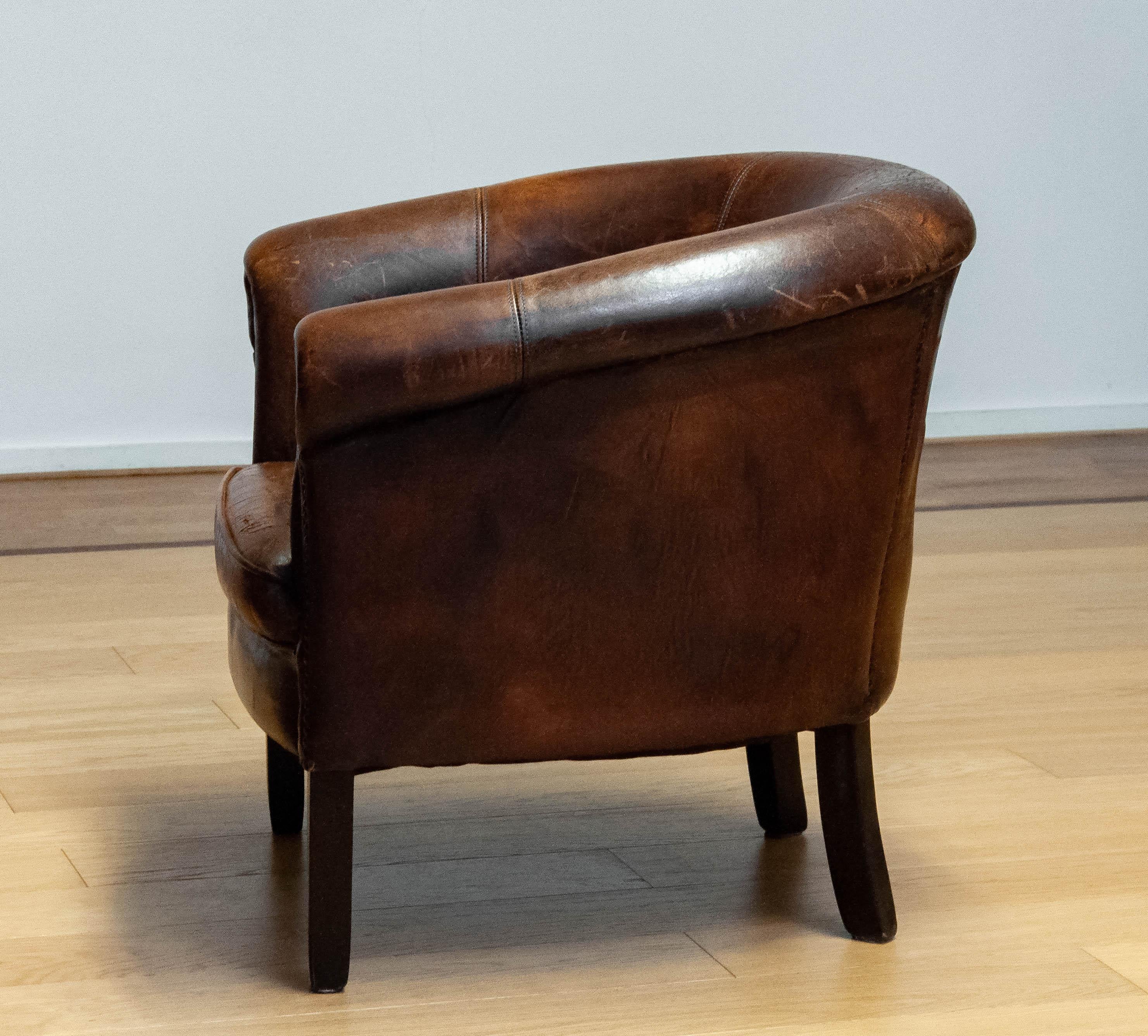 1960 Patinated Dark Brown Dutch Colonial Sheepskin Upholstered Lounge Club Chair For Sale 3