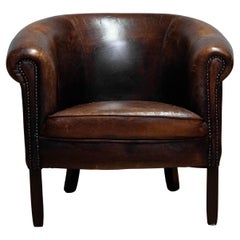1960 Patinated Dark Brown Dutch Colonial Sheepskin Upholstered Lounge Club Chair