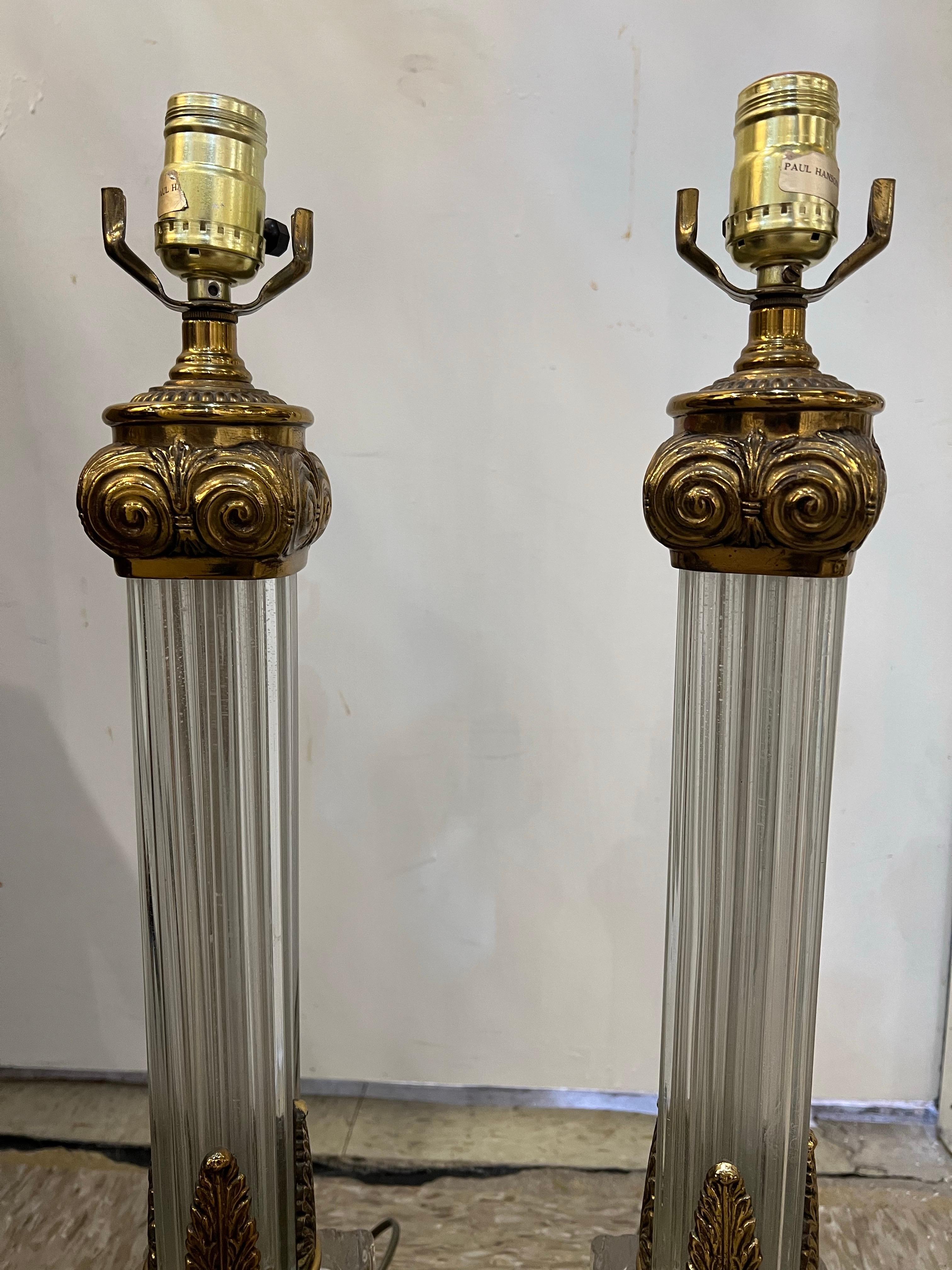Circa 1960 pair of Paul Hanson crystal and bronze column neoclassical style table lamps
