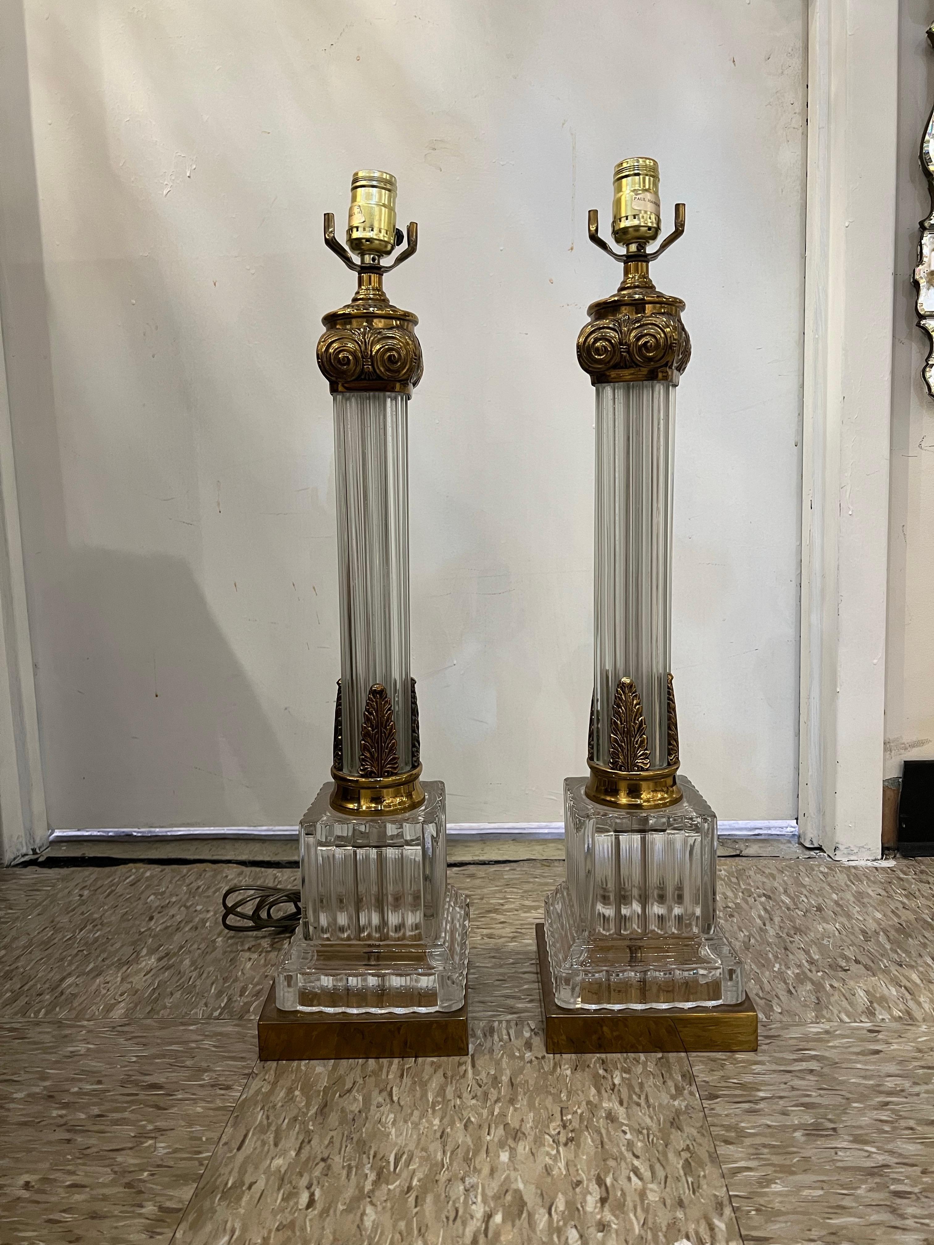 Neoclassical 1960 Paul Hanson Crystal Column Table Lamps For Sale