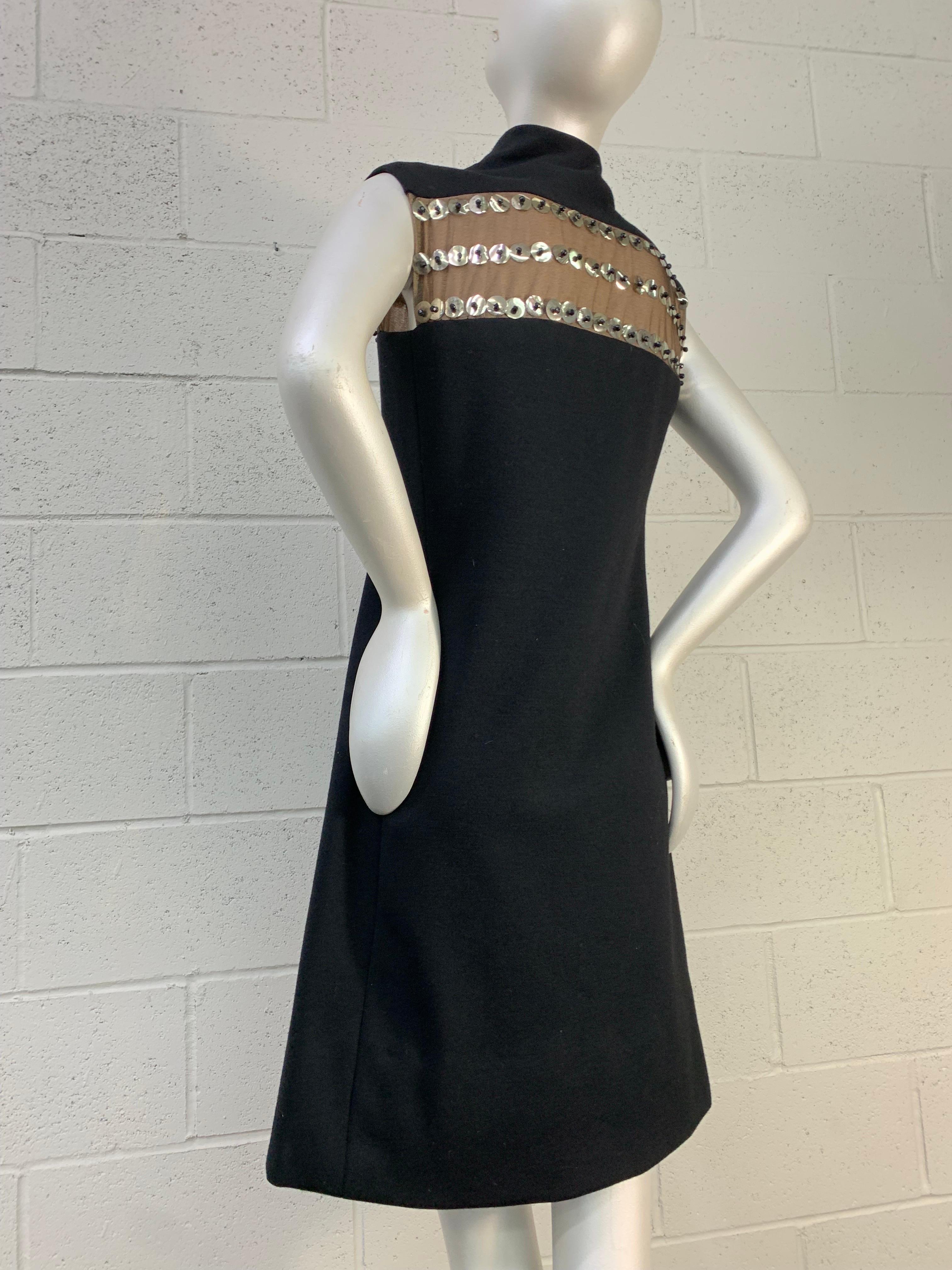 1960 Pauline Trigere Mod Black Wool A-Line Dress w Sheer Paillette Embellishment For Sale 5