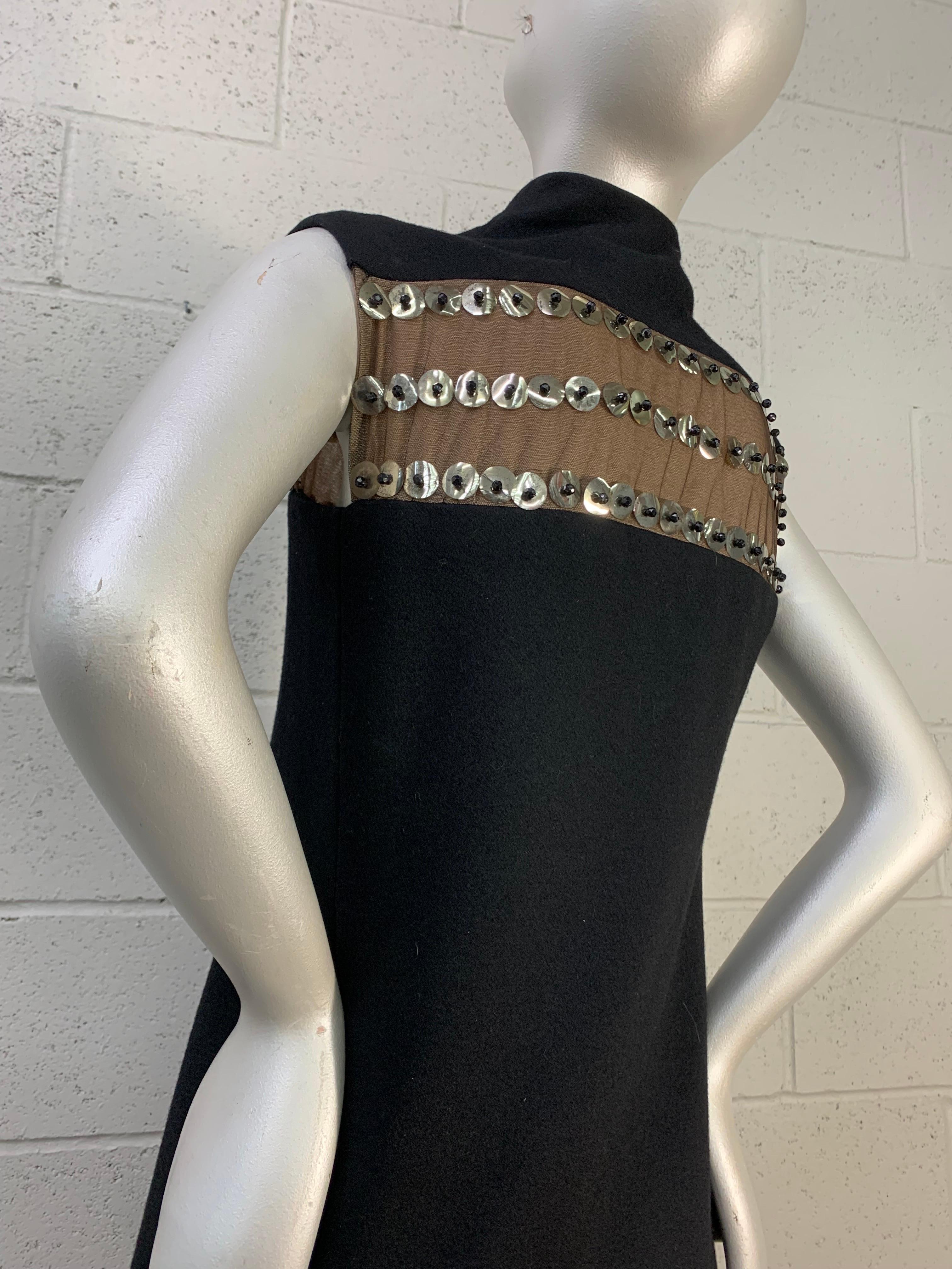 1960 Pauline Trigere Mod Black Wool A-Line Dress w Sheer Paillette Embellishment For Sale 6