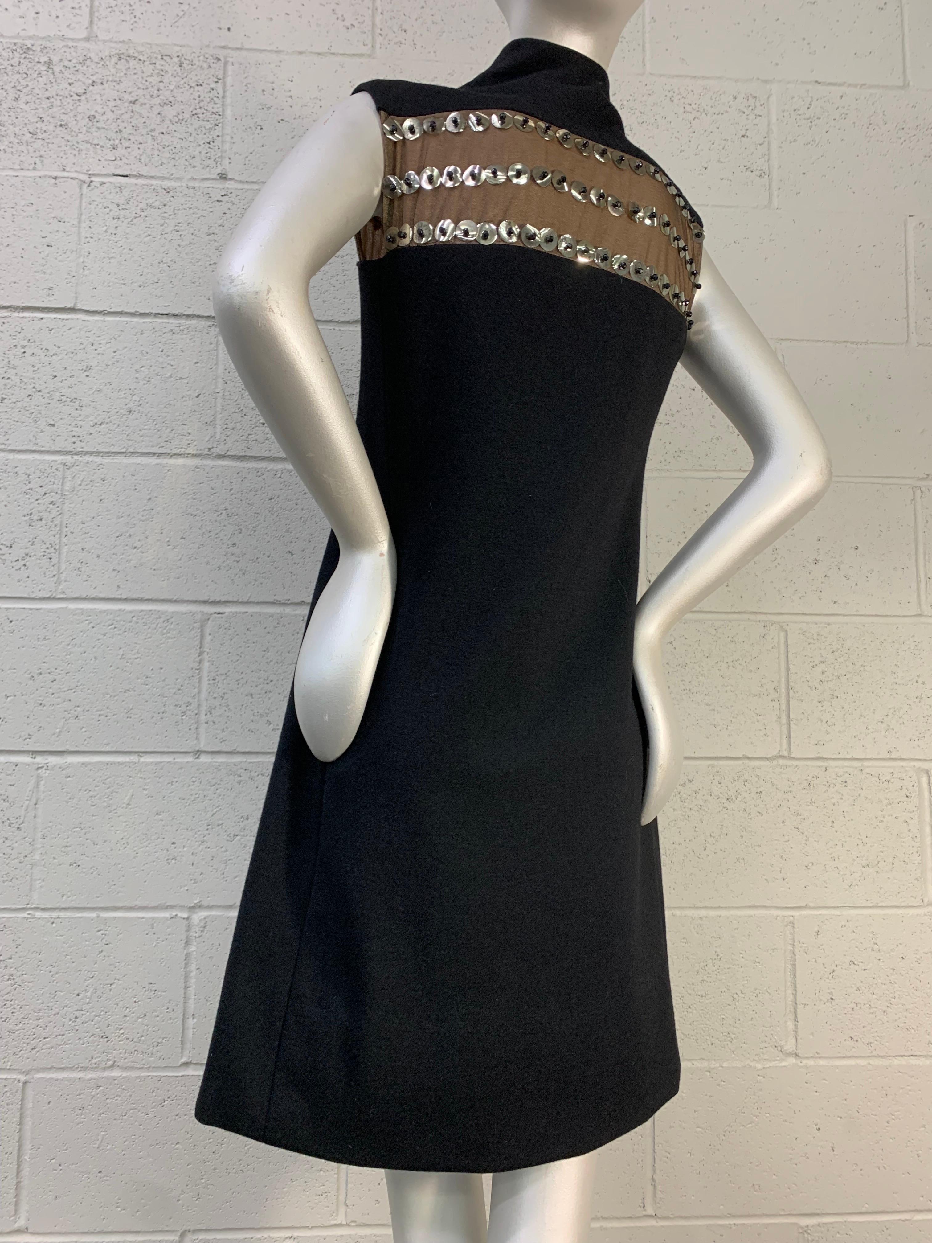 1960 Pauline Trigere Mod Black Wool A-Line Dress w Sheer Paillette Embellishment For Sale 7