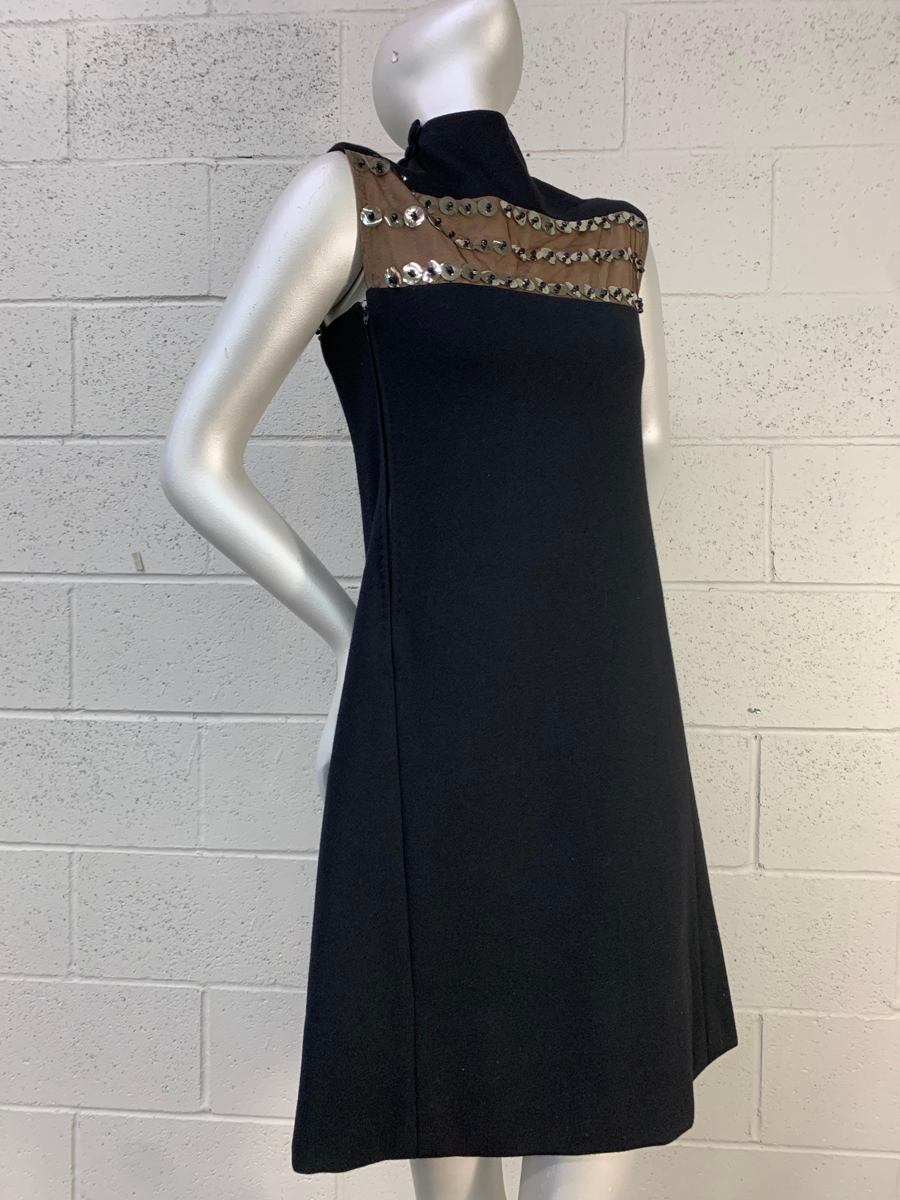 1960 Pauline Trigere Mod Black Wool A-Line Dress w Sheer Paillette Embellishment For Sale 8