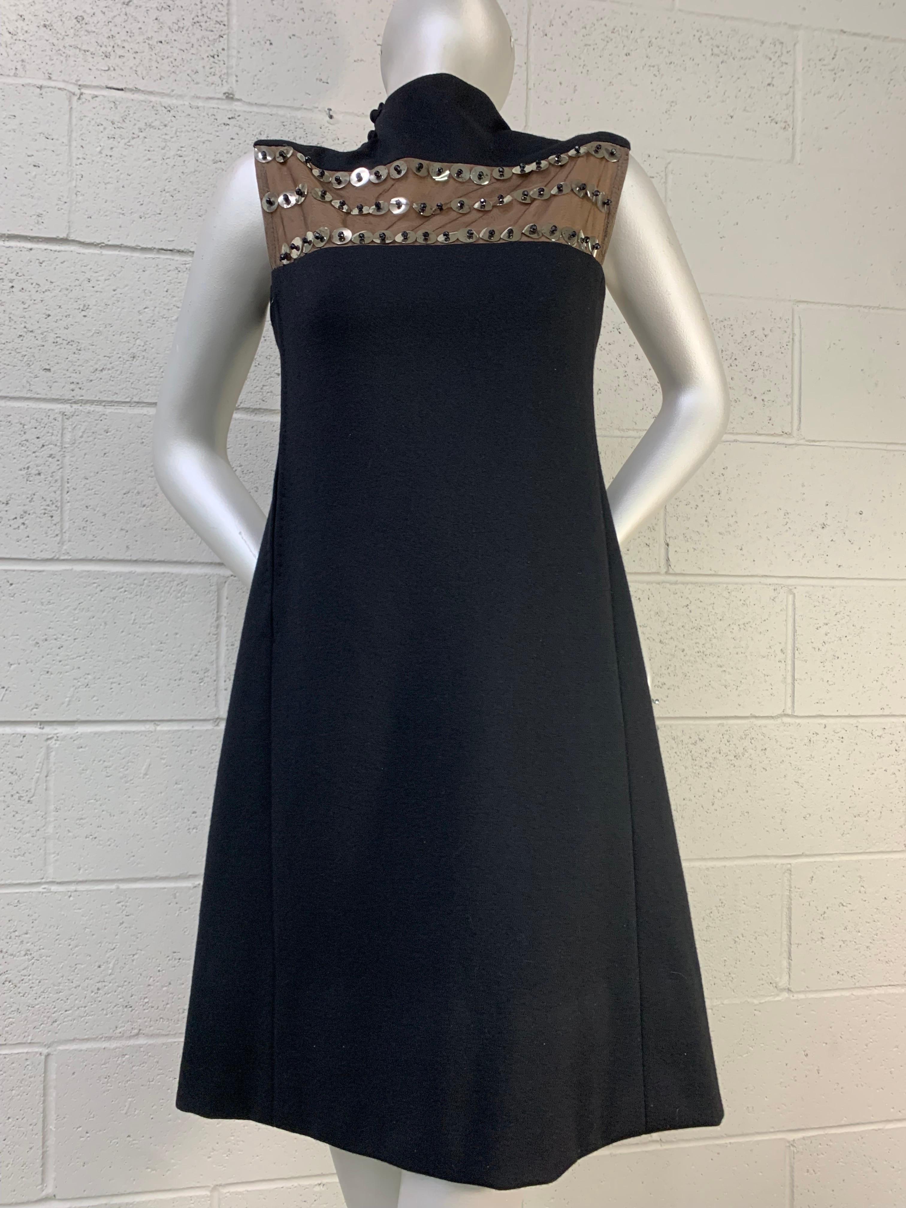 1960 Pauline Trigere Mod Black Wool A-Line Dress w Sheer Paillette Embellishment For Sale 14
