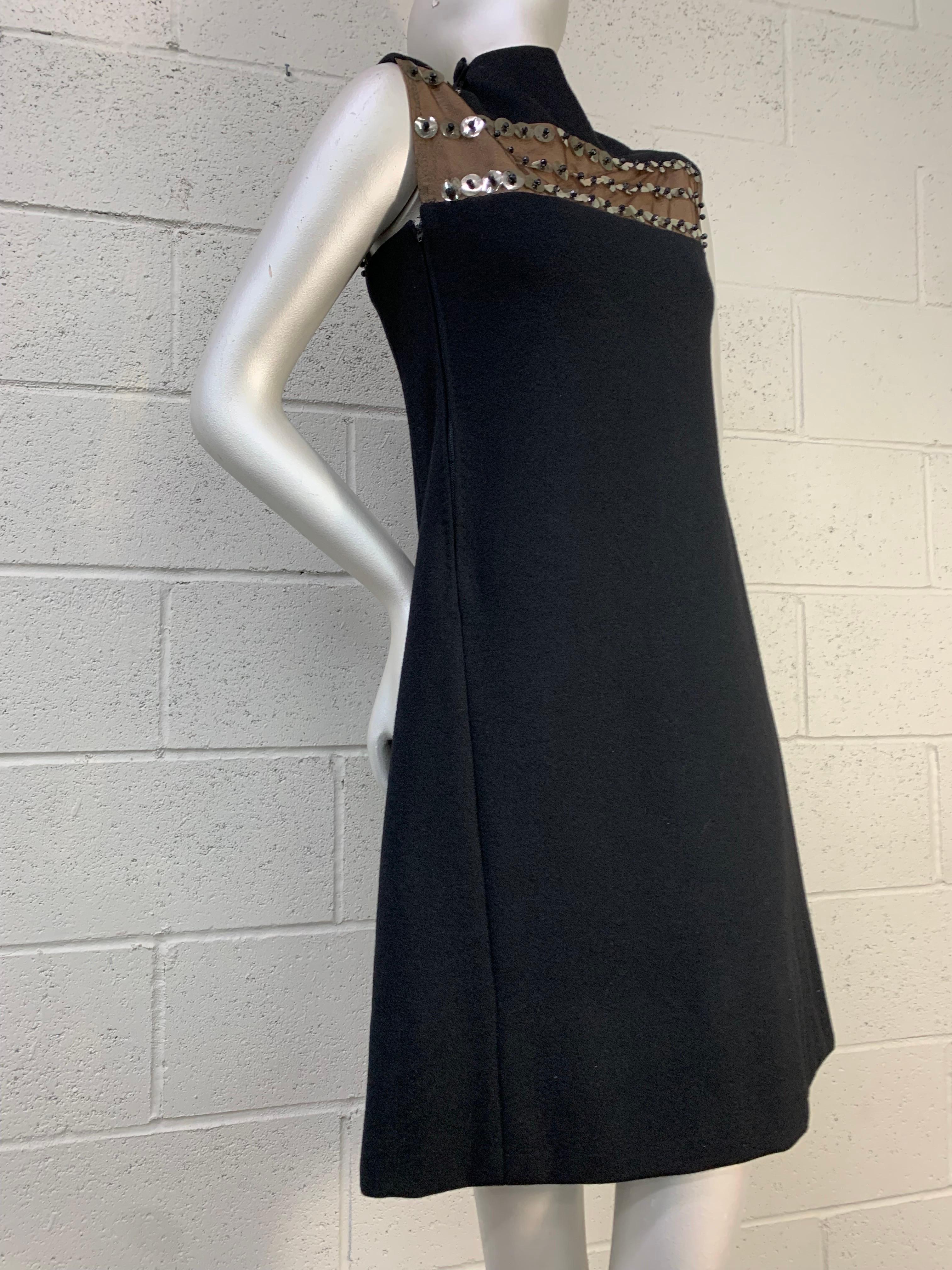 1960 Pauline Trigere Mod Black Wool A-Line Dress w Sheer Paillette Embellishment In Excellent Condition For Sale In Gresham, OR