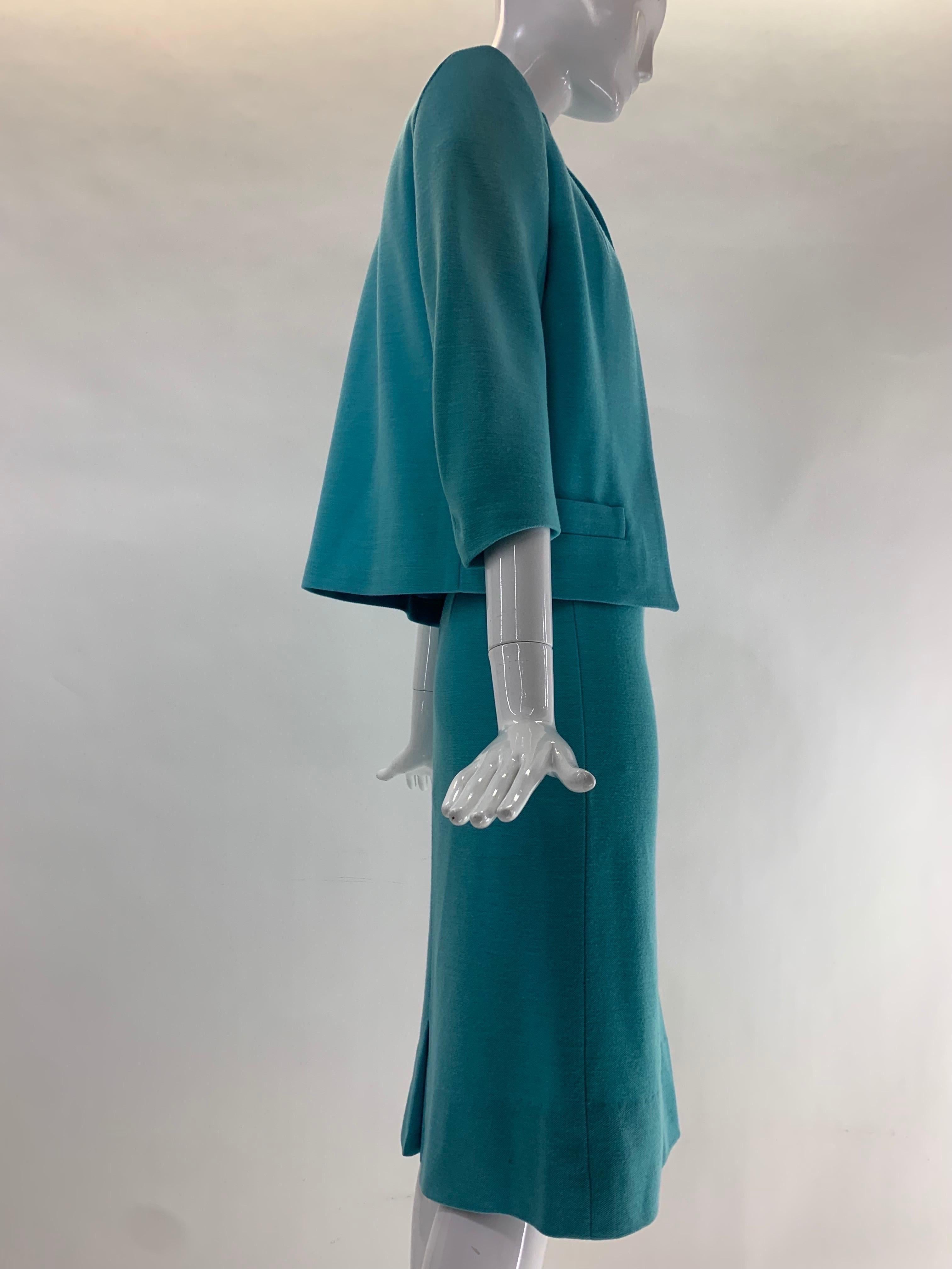 Blue 1960 Promenade - Holland Turquoise Wool Double-Knit 3-Piece Skirt Suit  For Sale