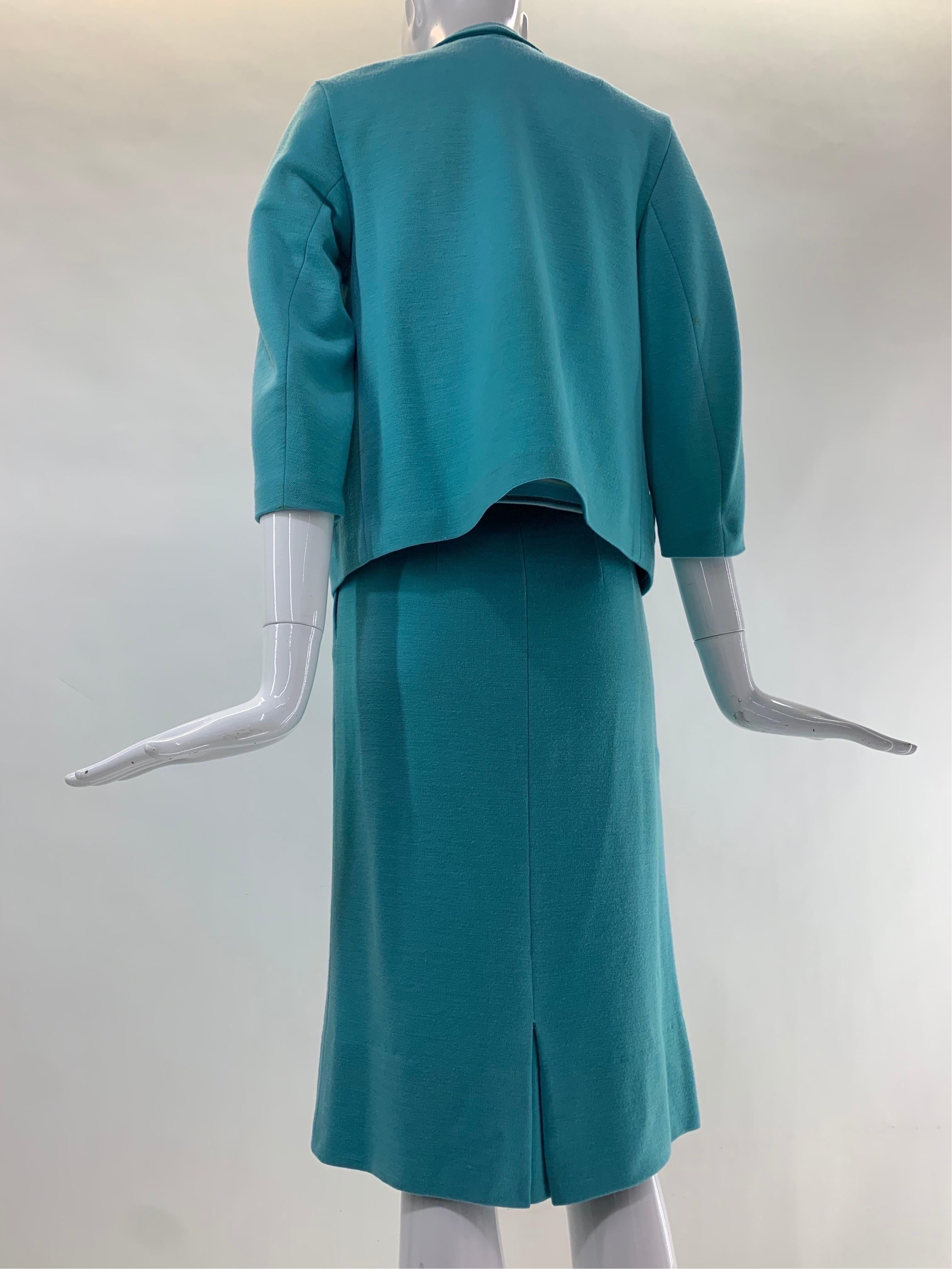 1960 Promenade - Holland Turquoise Wool Double-Knit 3-Piece Skirt Suit  In Excellent Condition For Sale In Gresham, OR