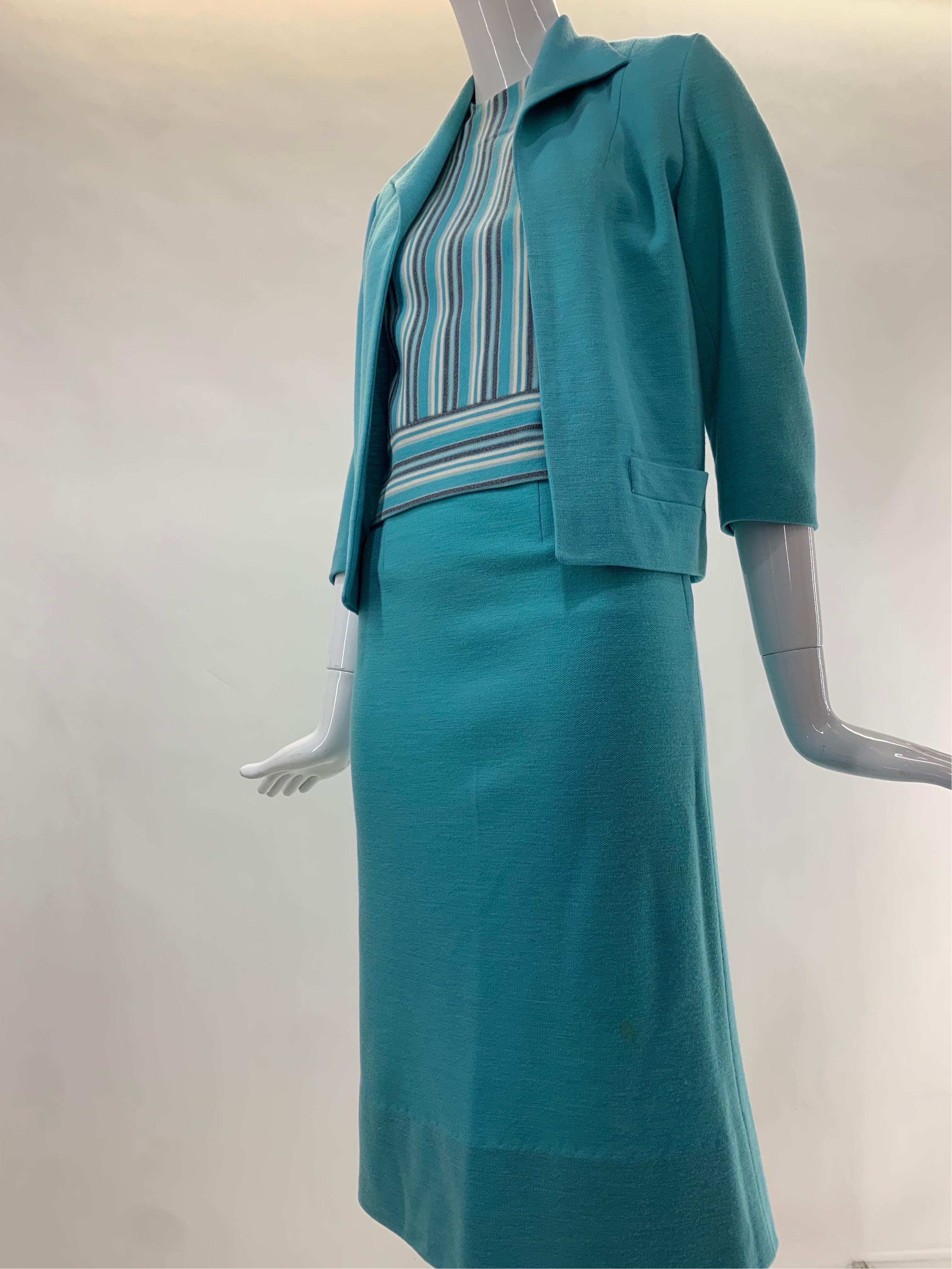 1960 Promenade - Holland Türkisfarbener Woll-Doppelstrick-Anzug mit 3-teiligem Rock  im Angebot 3