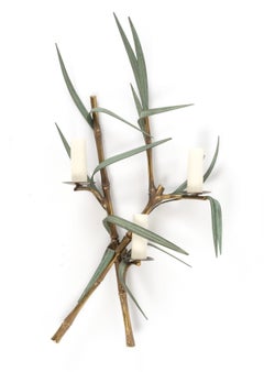 1960 Seltenes Paar Bambus Modell Bronze Wandleuchter signiert Maison Charles