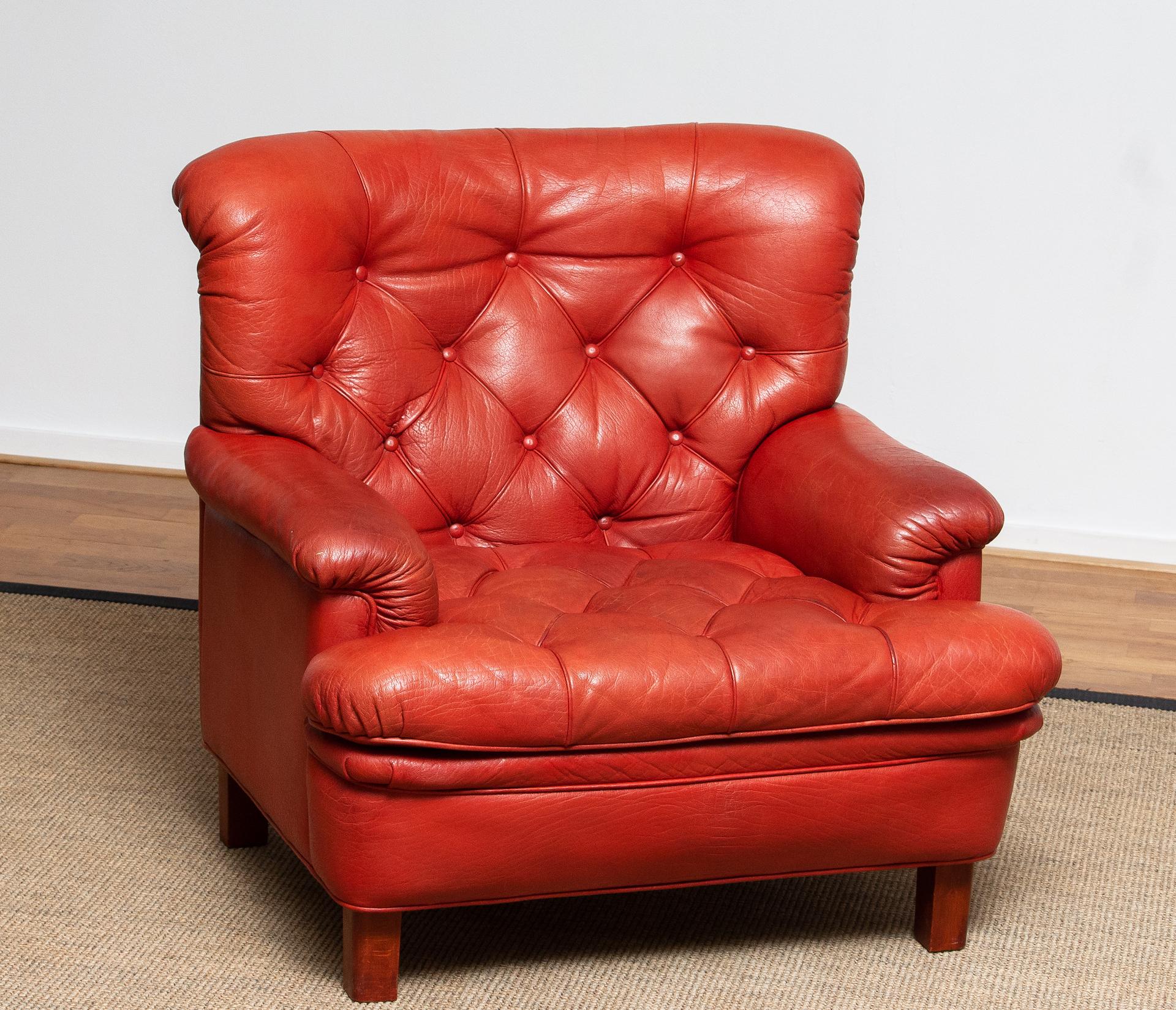 Mid-Century Modern 1960 Red Buffalo Leather and Quilted Easy or Lounge or Armchair by Arne Norell