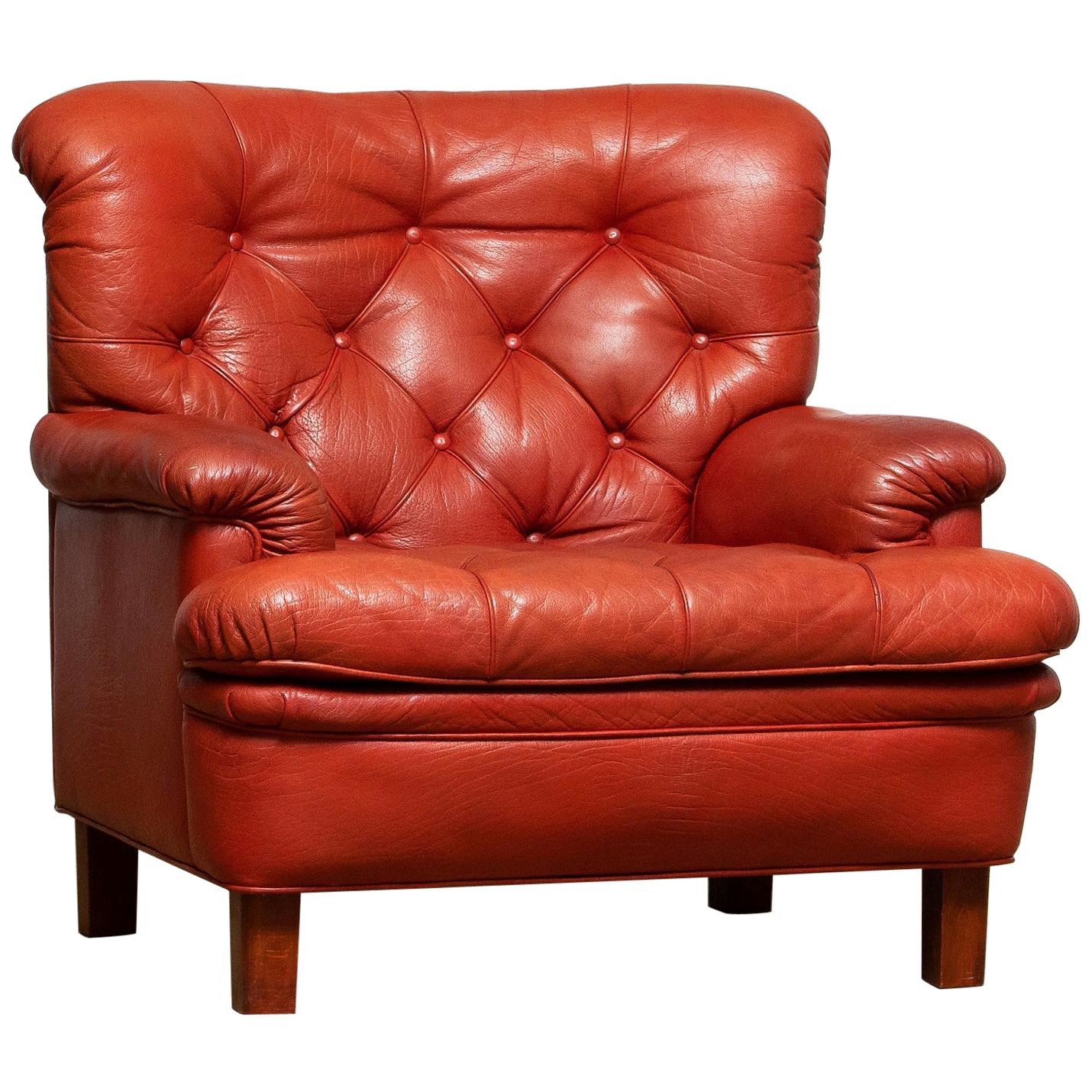 Mid-Century Modern 1960 Red Buffalo Leather and Quilted Easy or Lounge or Armchair by Arne Norell
