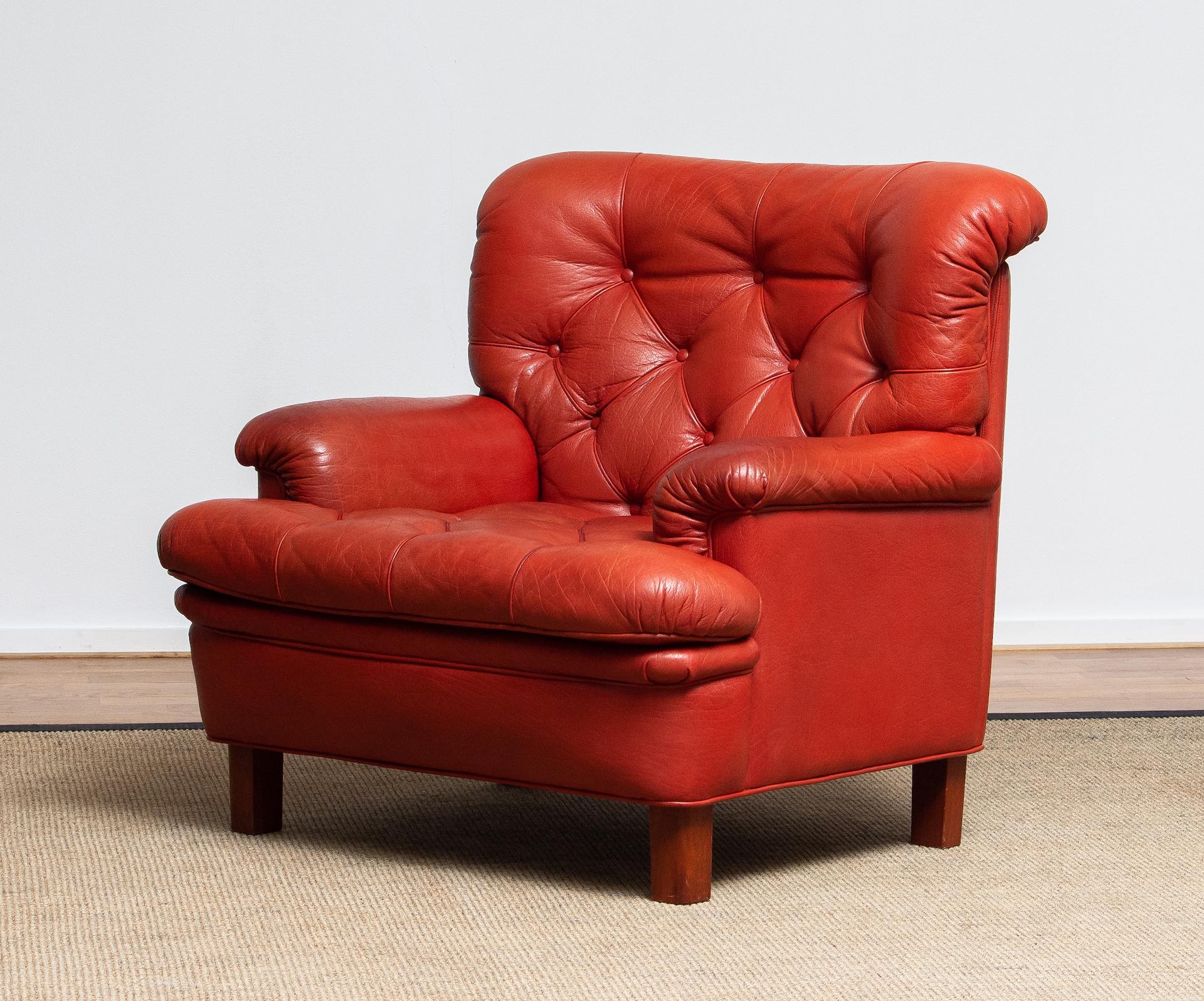 Swedish 1960 Red Buffalo Leather and Quilted Easy or Lounge or Armchair by Arne Norell