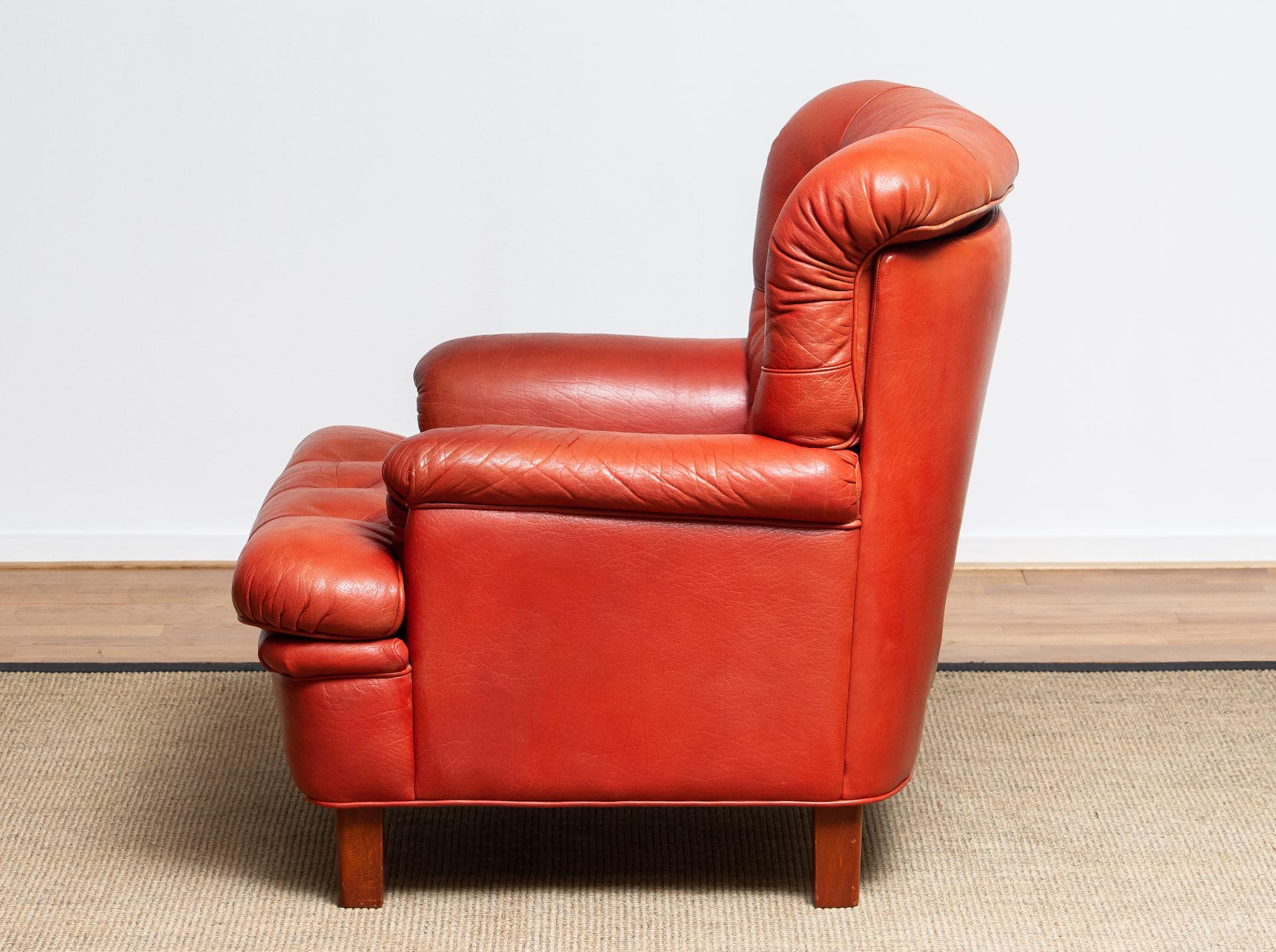 1960 Red Buffalo Leather and Quilted Easy or Lounge or Armchair by Arne Norell 1