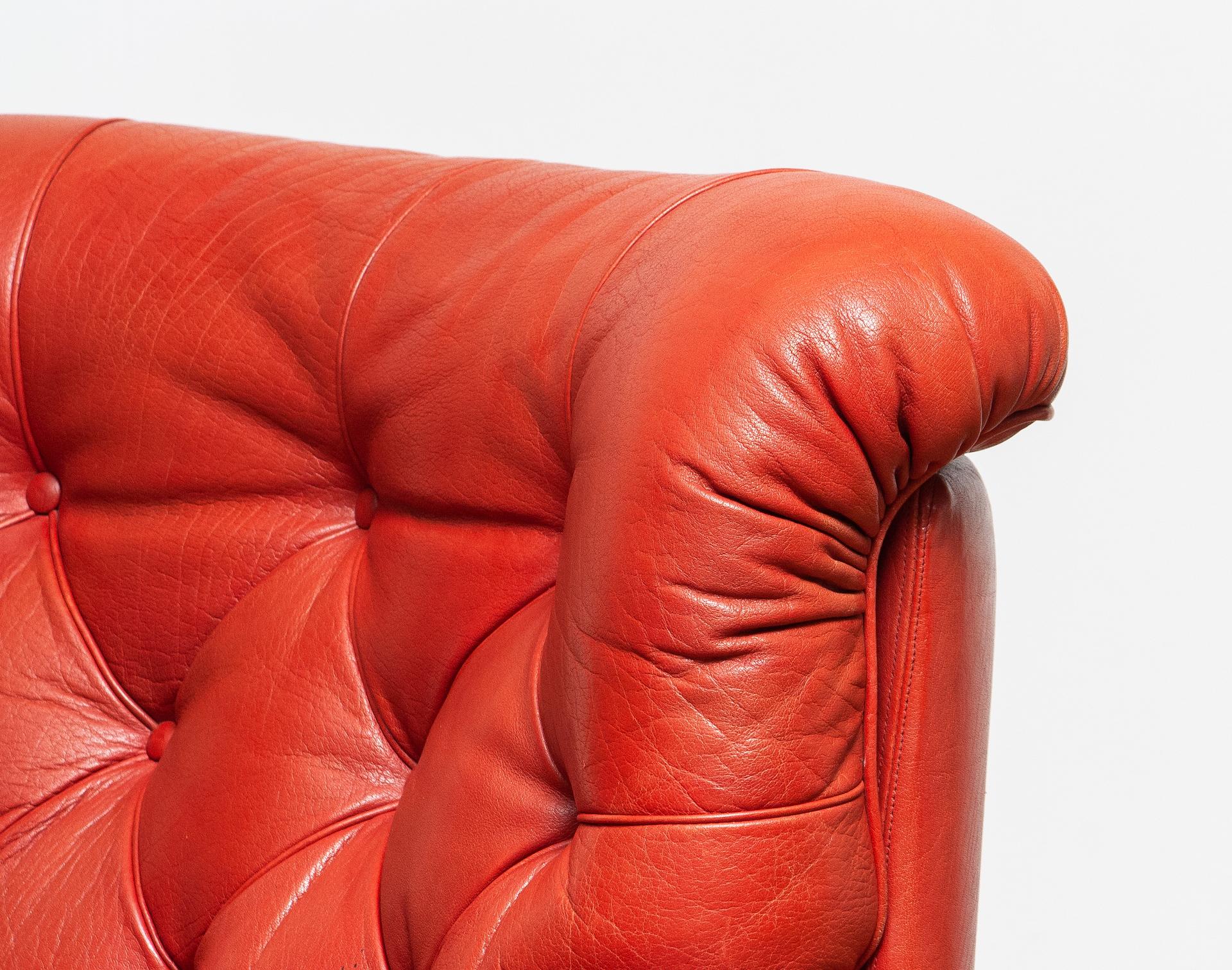 1960 Red Buffalo Leather and Quilted Easy or Lounge or Armchair by Arne Norell 1