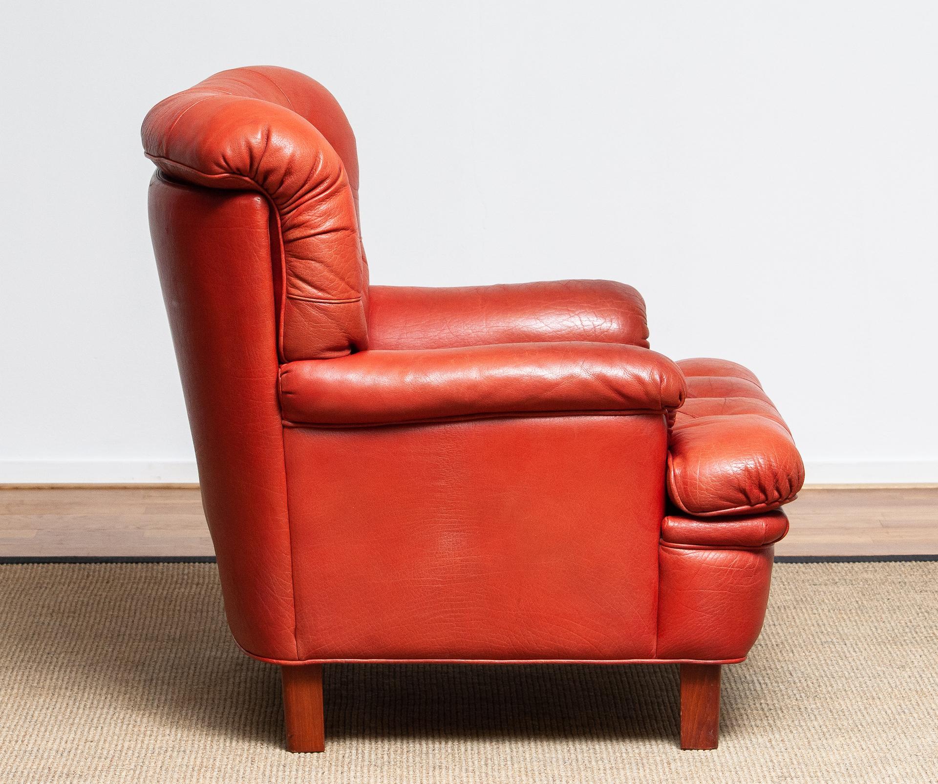 1960 Red Buffalo Leather and Quilted Easy or Lounge or Armchair by Arne Norell 3