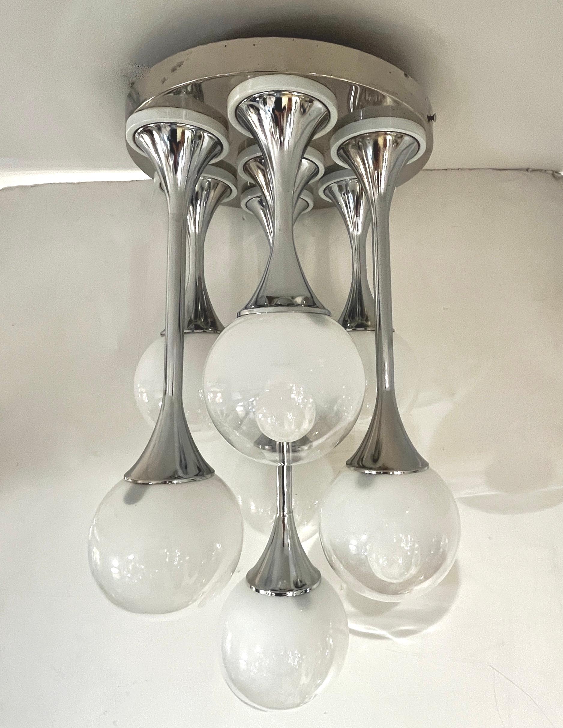 1960 Reggiani Italian Vintage 7 Milk Glass Globe Nickel Flush Pendant/Table Lamp For Sale 3