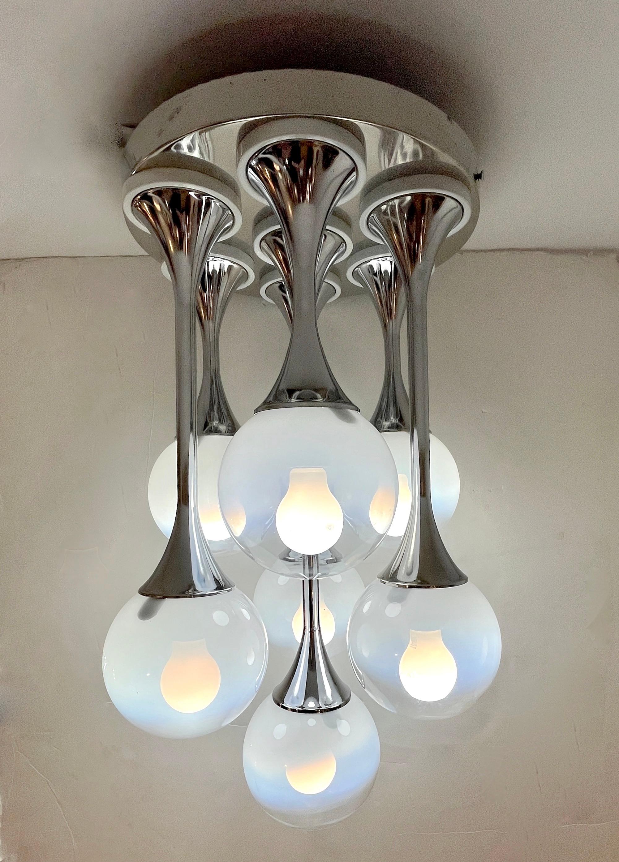 1960 Reggiani Italian Vintage 7 Milk Glass Globe Nickel Flush Pendant/Table Lamp For Sale 7