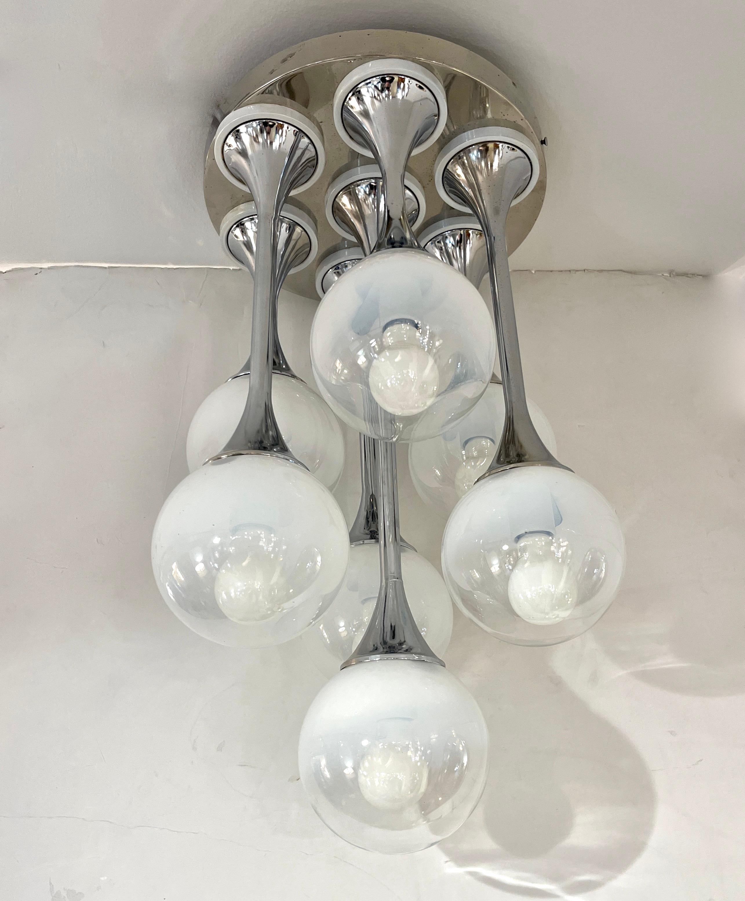 1960 Reggiani Italian Vintage 7 Milk Glass Globe Nickel Flush Pendant/Table Lamp For Sale 10