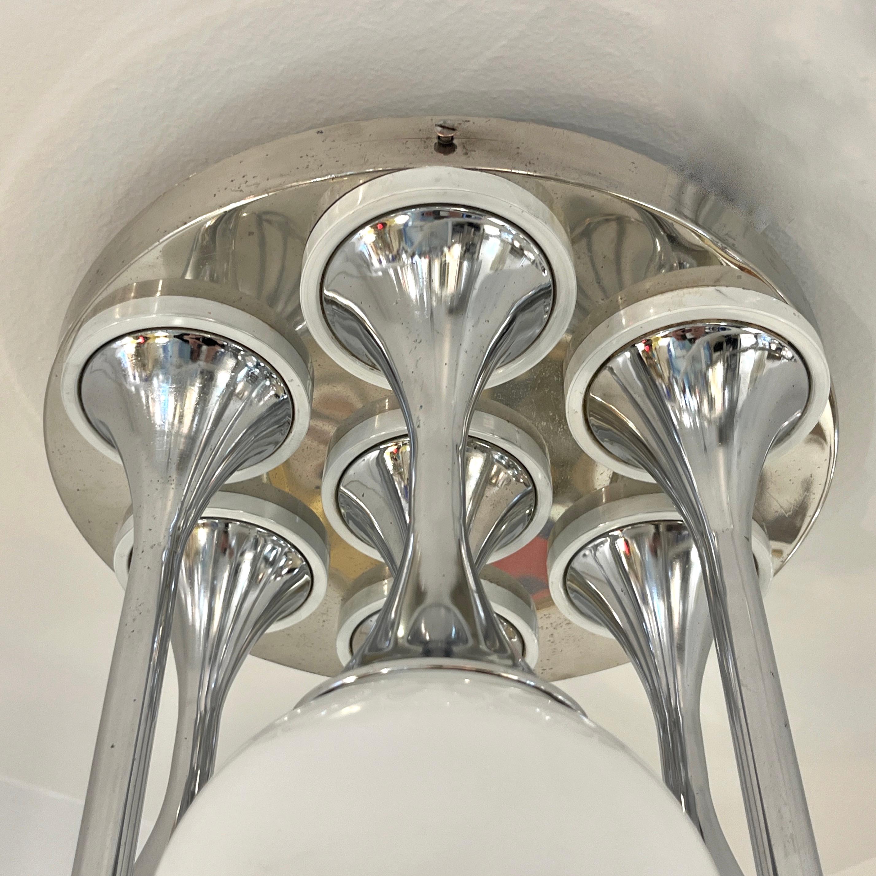 Frosted 1960 Reggiani Italian Vintage 7 Milk Glass Globe Nickel Flush Pendant/Table Lamp For Sale