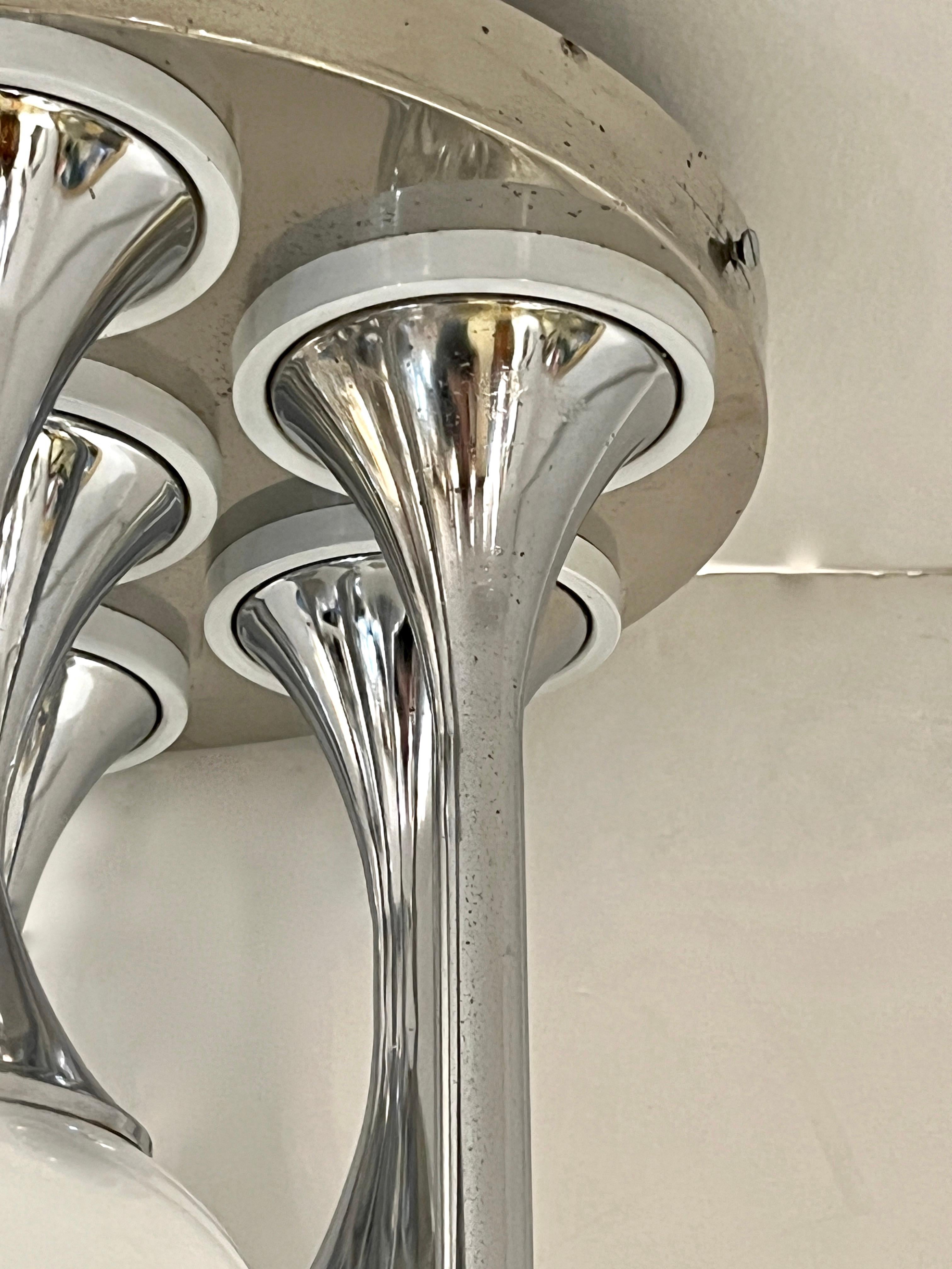 20th Century 1960 Reggiani Italian Vintage 7 Milk Glass Globe Nickel Flush Pendant/Table Lamp For Sale