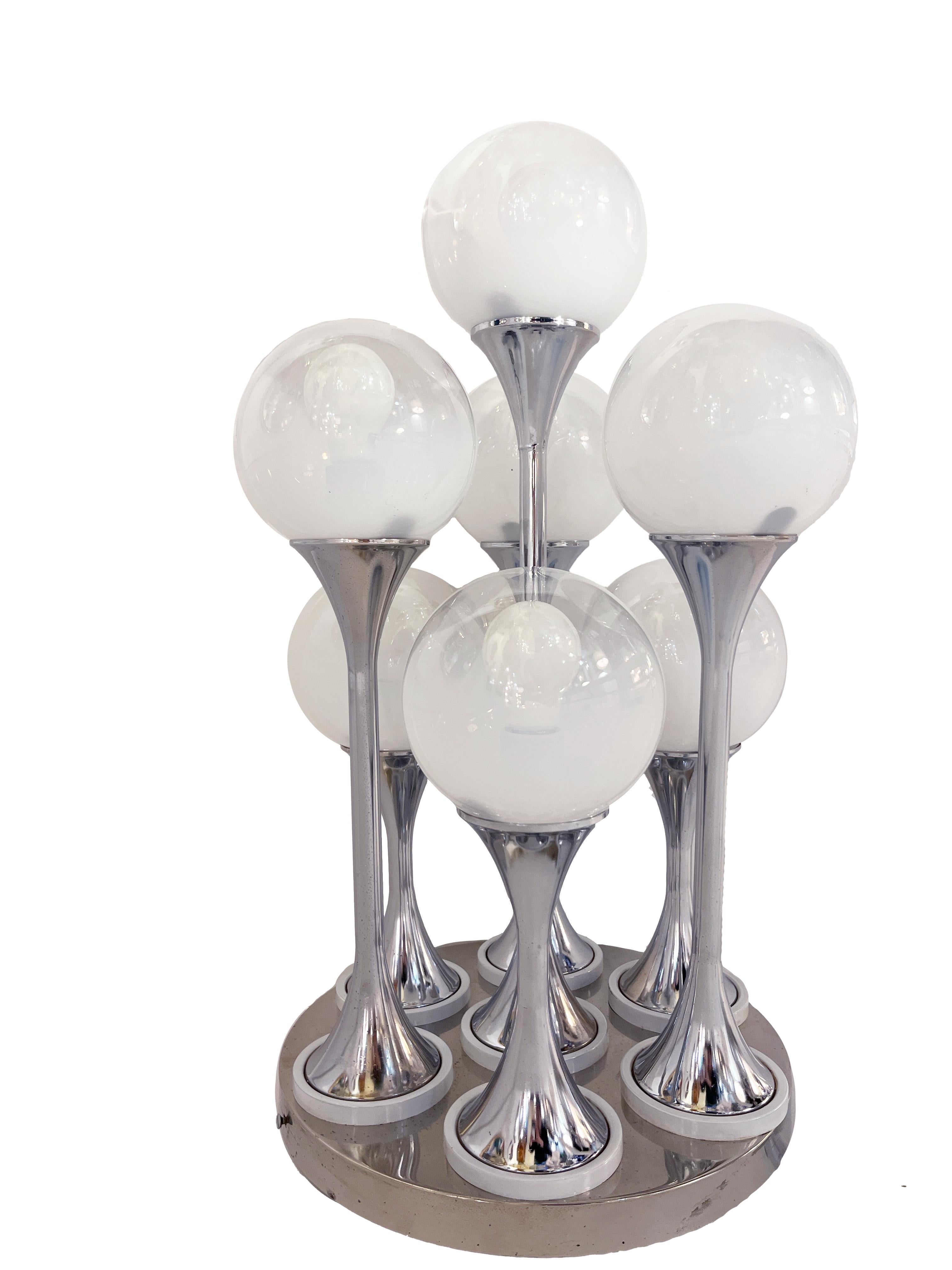 1960 Reggiani Italian Vintage 7 Milk Glass Globe Nickel Flush Pendant/Table Lamp For Sale 1