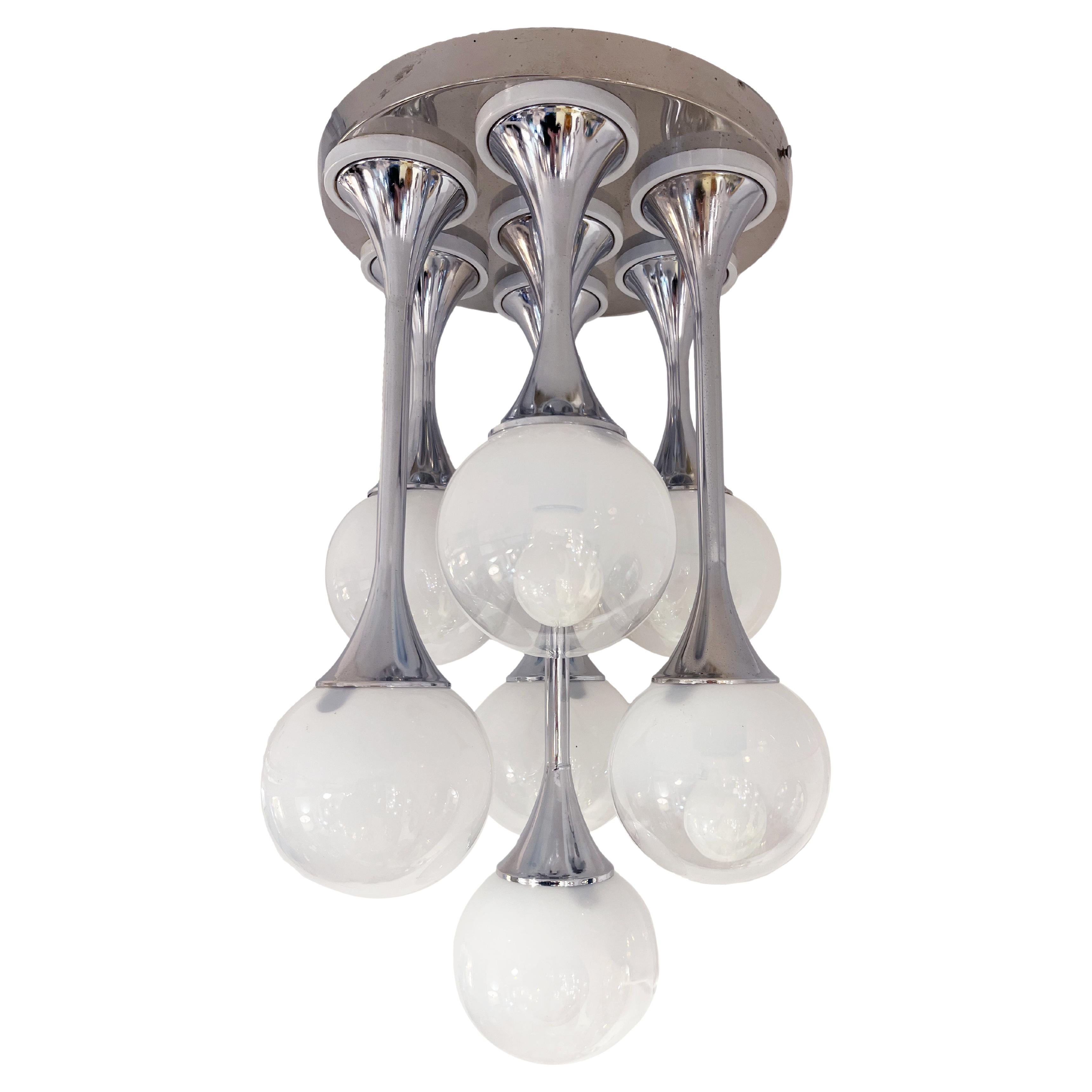 1960 Reggiani Italian Vintage 7 Milk Glass Globe Nickel Flush Pendant/Table Lamp