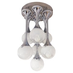 1960 Reggiani Italian Retro 7 Milk Glass Globe Nickel Flush Pendant/Table Lamp