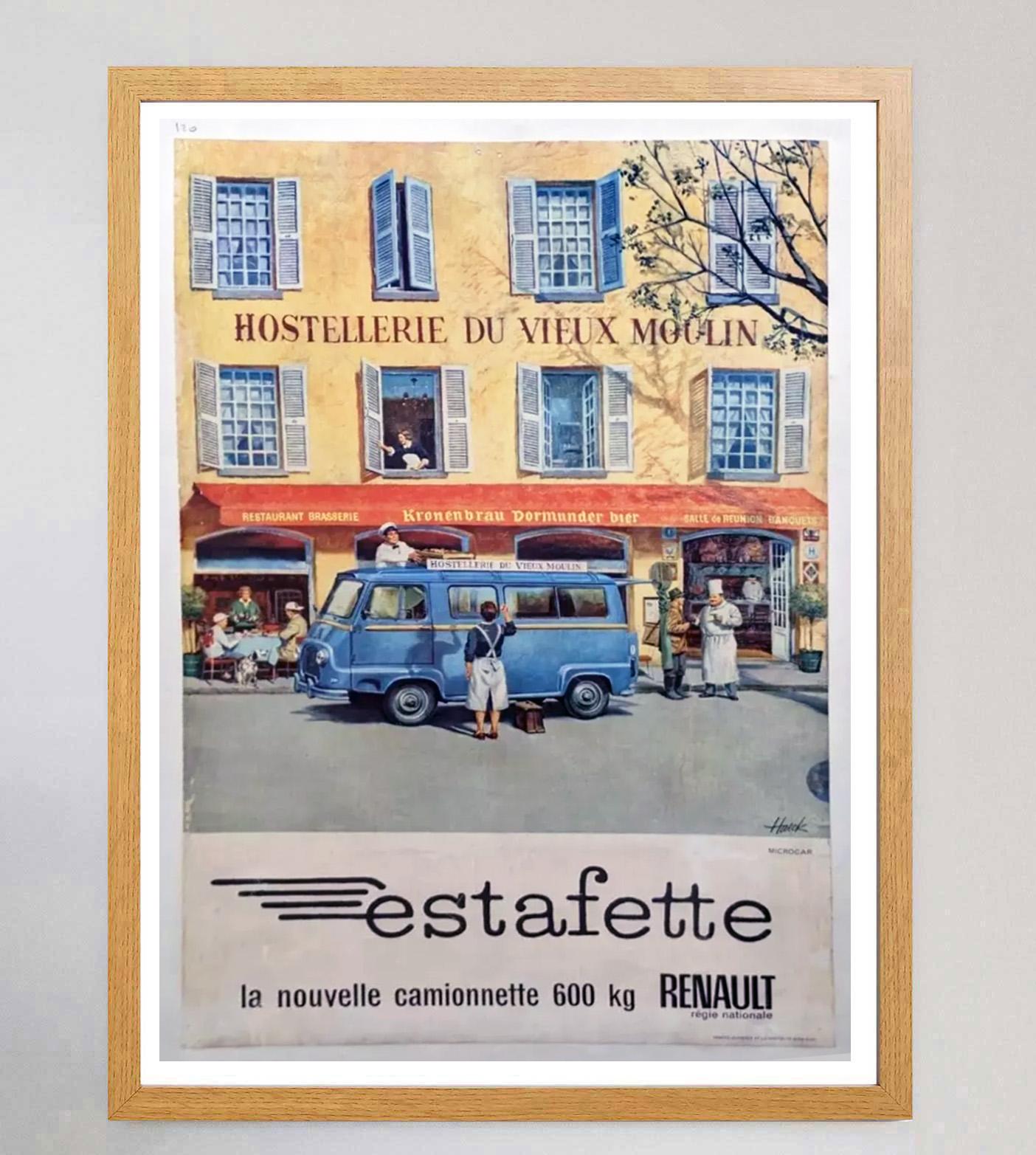 Questo splendido e raro poster di Renault è stato creato nel 1960 per promuovere il nuovo furgone Estafette. Con lo splendido design di Haeck che ritrae il furgone compatto in una splendida città francese, questo poster è un fantastico pezzo di