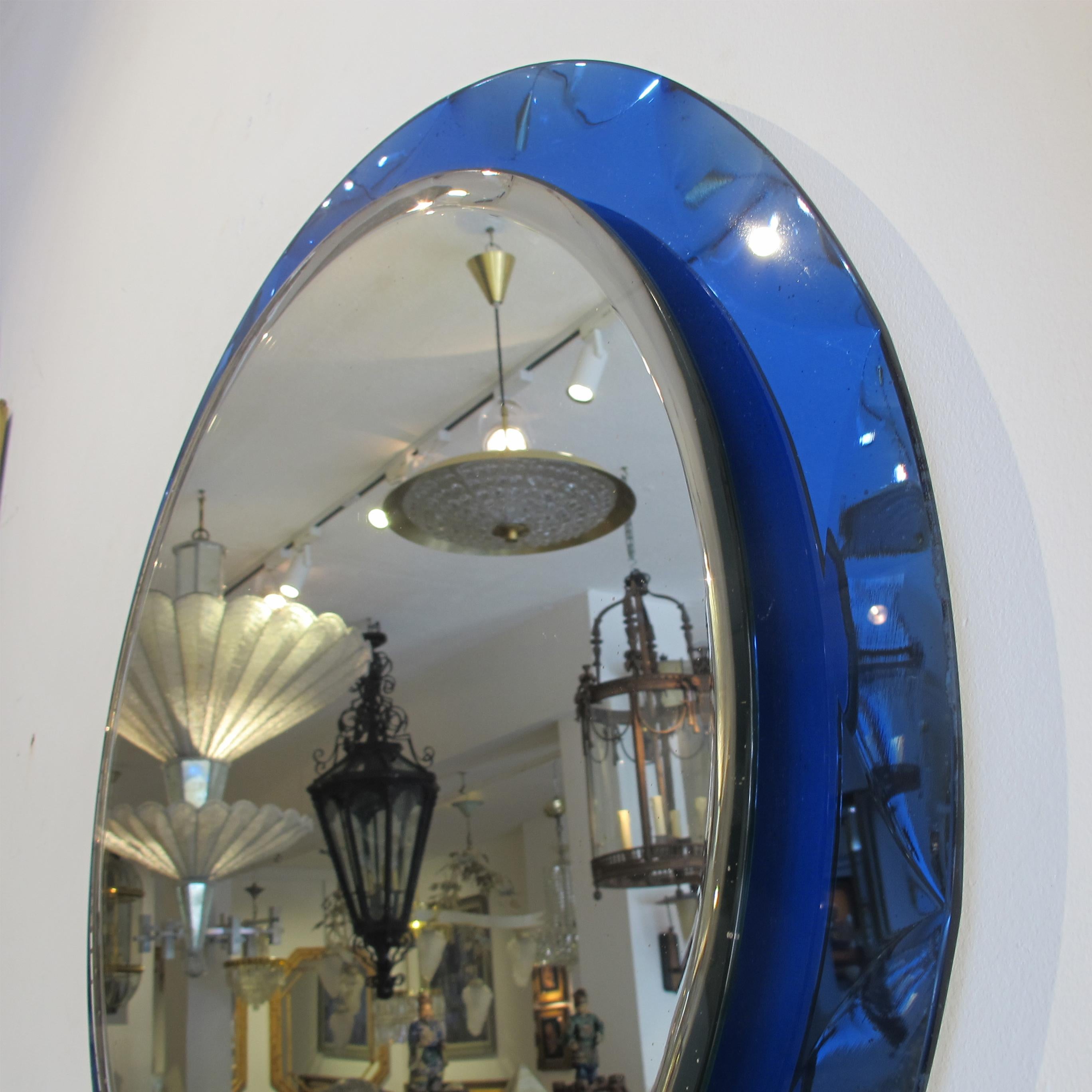 Mid-20th Century 1960 Round Mirror With a Large Bevelled Deep Blue Frame, Italian For Sale