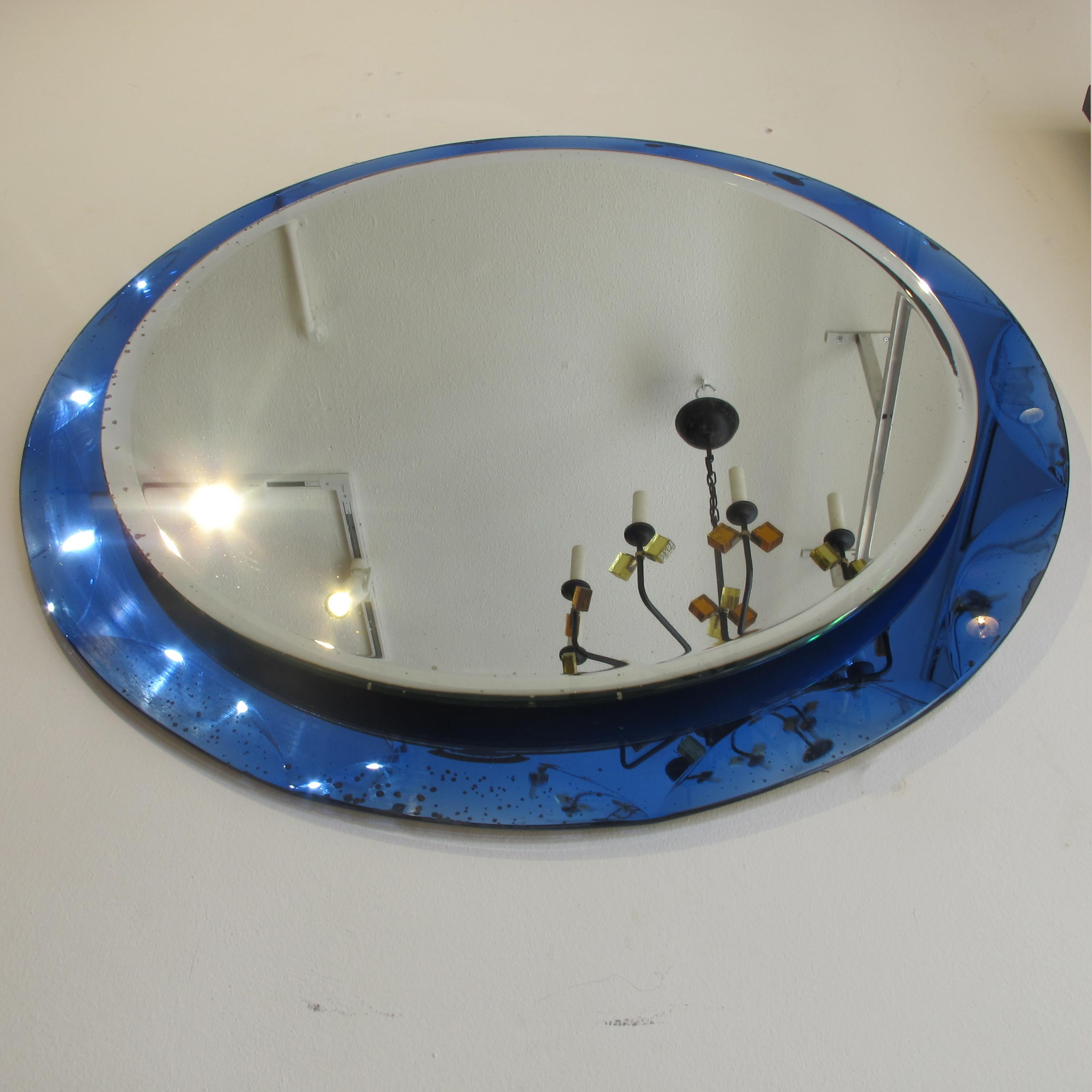 Glass 1960 Round Mirror With a Large Bevelled Deep Blue Frame, Italian