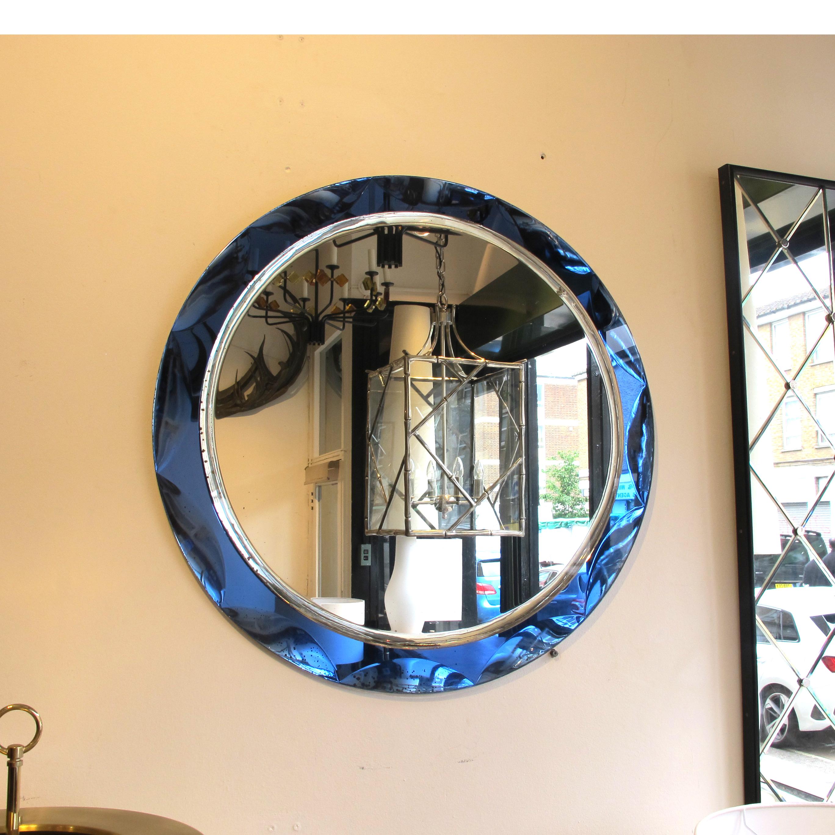 1960 Round Mirror With a Large Bevelled Deep Blue Frame, Italian 1