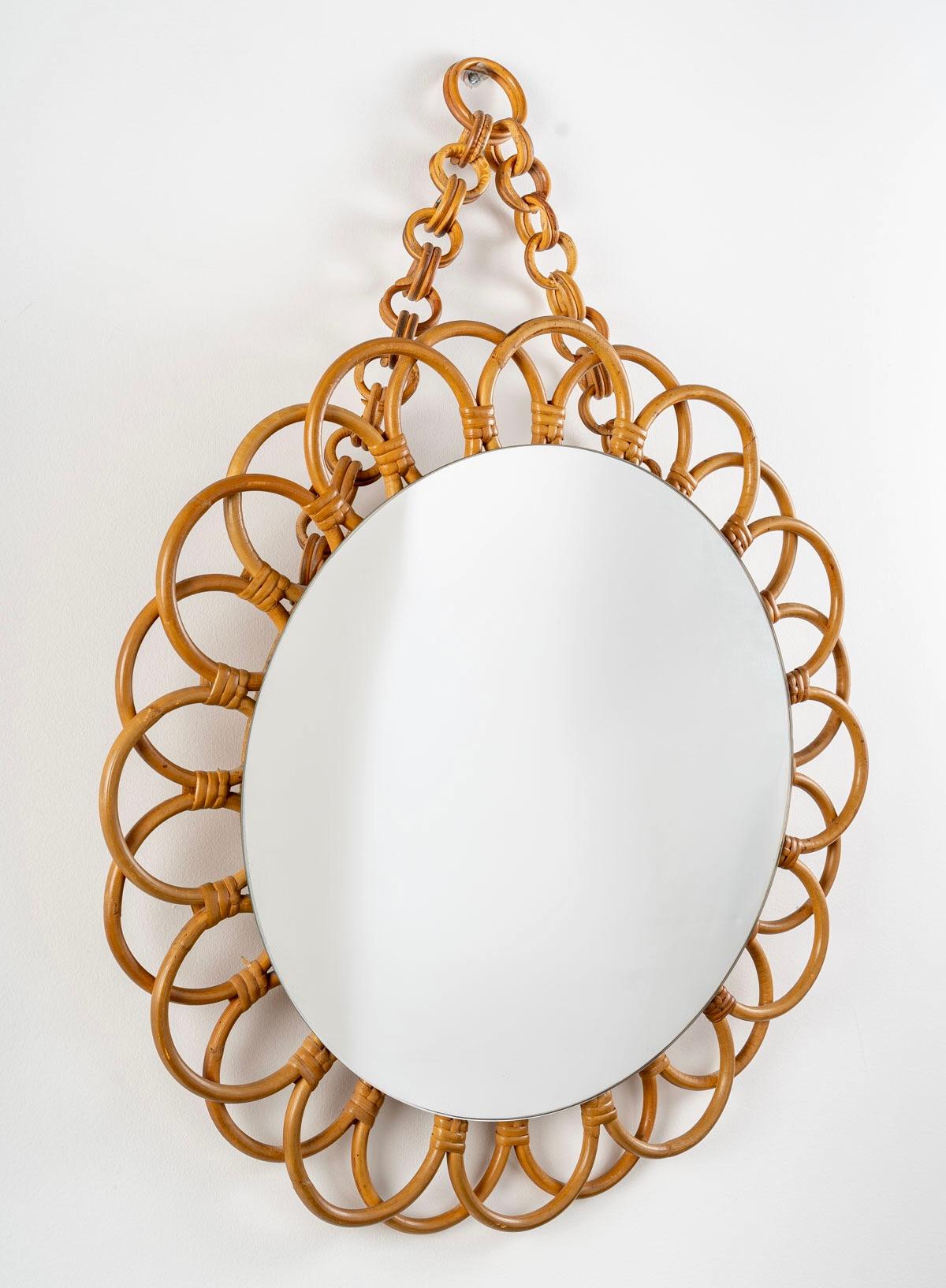 Mid-20th Century 1960 Round Rattan Mirror by Louis Sognot