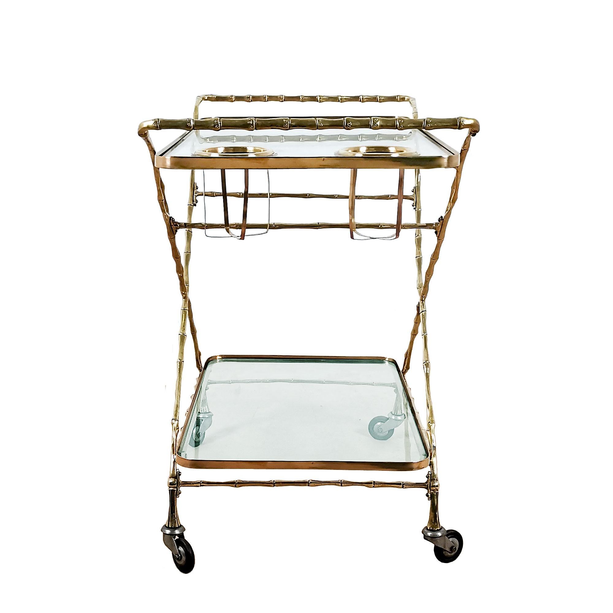 Spanish Mid-Century Modern Bar Cart, Two Levels, Solid Brass and Glass - Barcelona For Sale