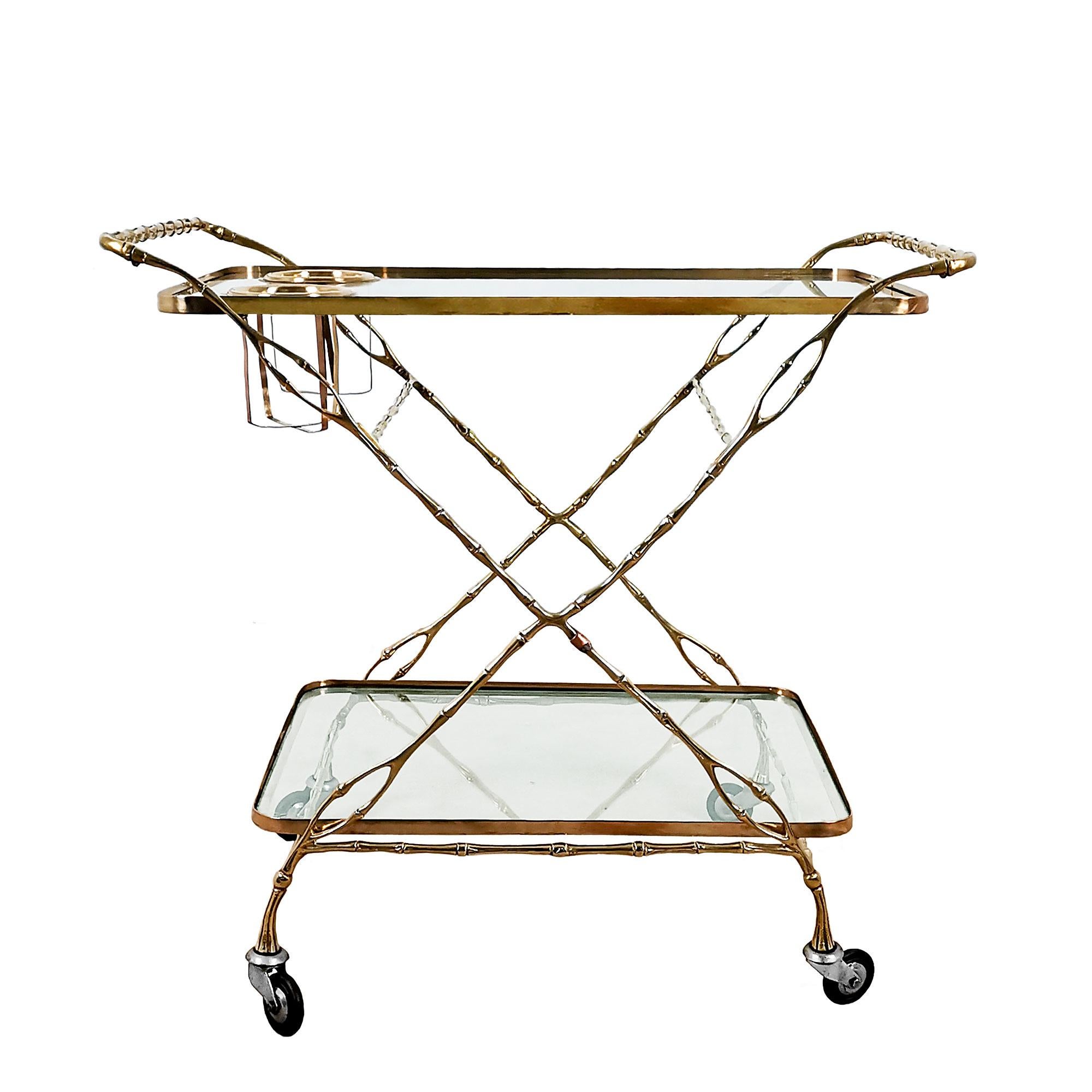 Mid-20th Century Mid-Century Modern Bar Cart, Two Levels, Solid Brass and Glass - Barcelona For Sale