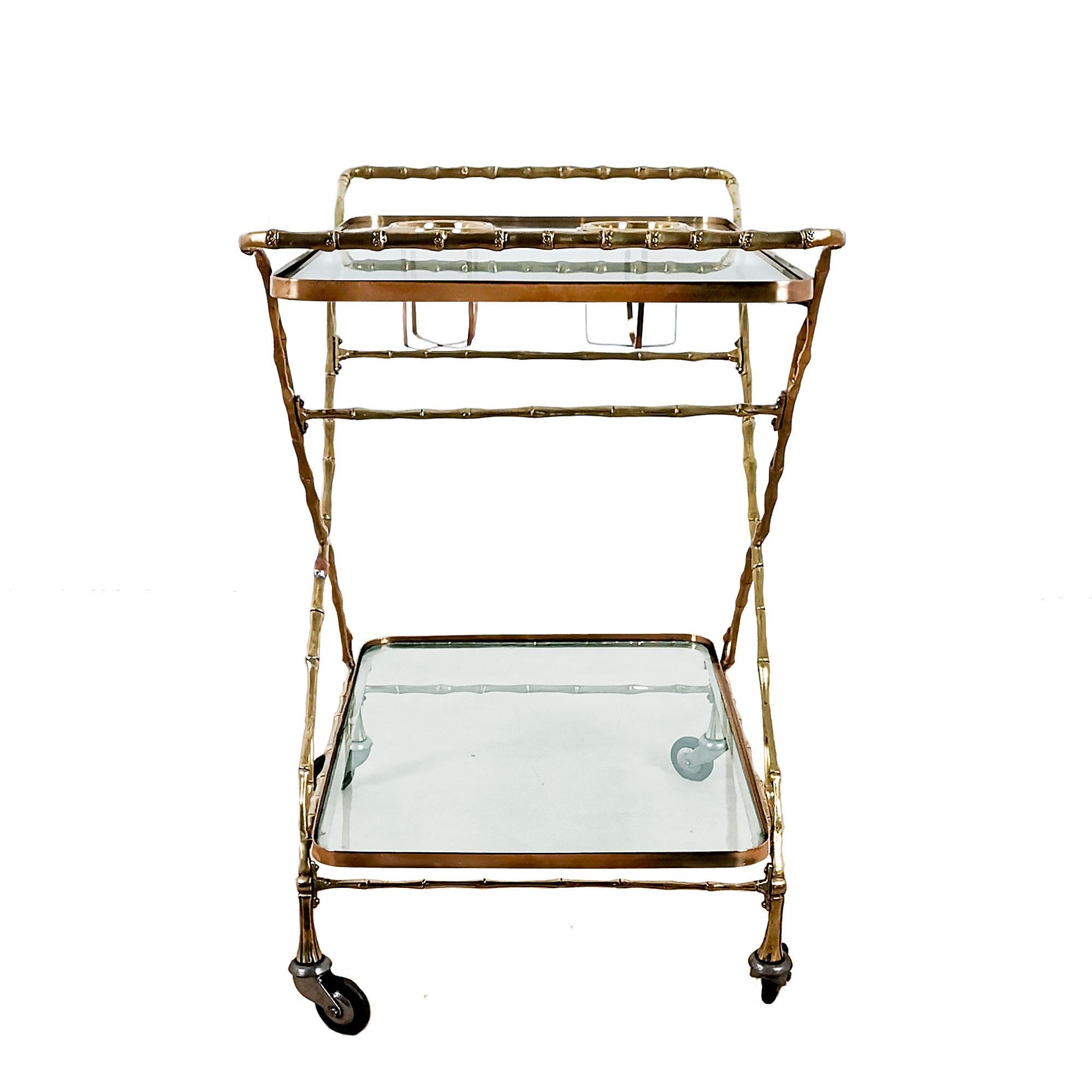 Mid-Century Modern Bar Cart, Two Levels, Solid Brass and Glass - Barcelona For Sale 2
