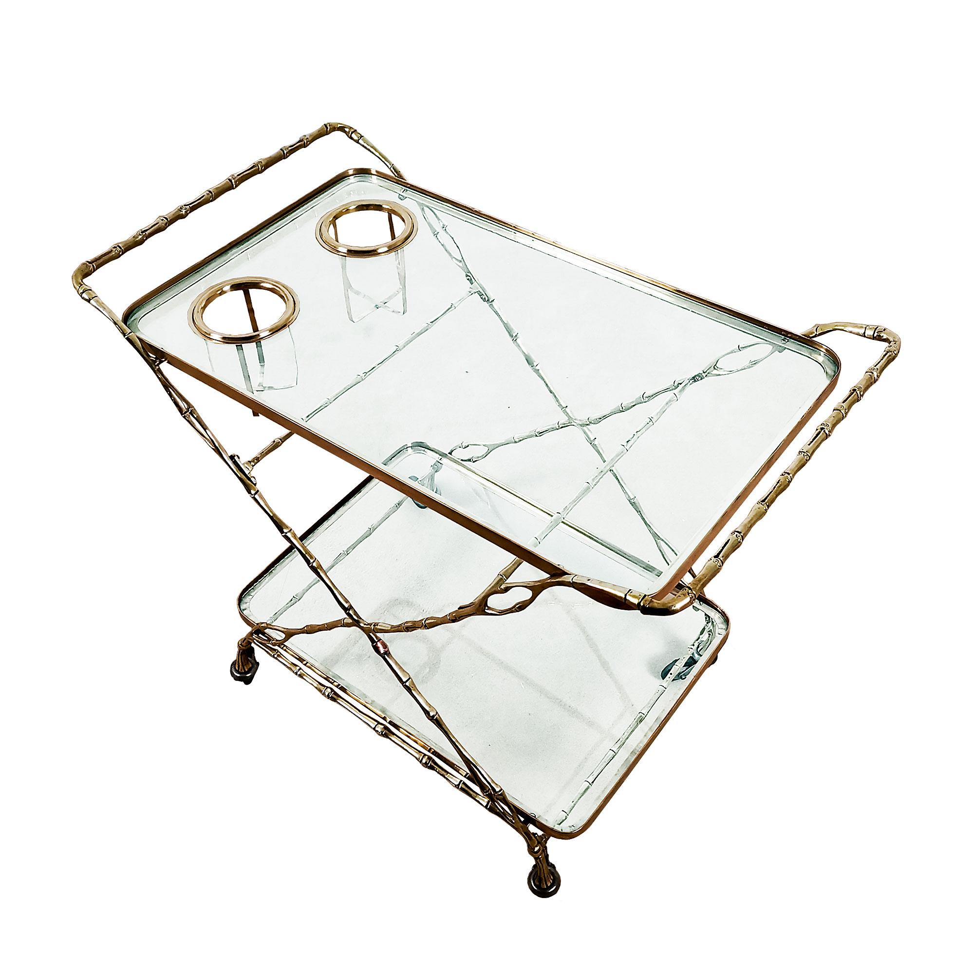 Mid-Century Modern Bar Cart, Two Levels, Solid Brass and Glass - Barcelona For Sale 3