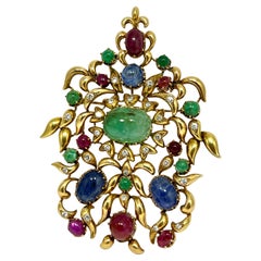 Vintage 1960´s Bouquet Brooch & Pendant in 18k Gold Emerald Ruby & Sapphire Cabouchons